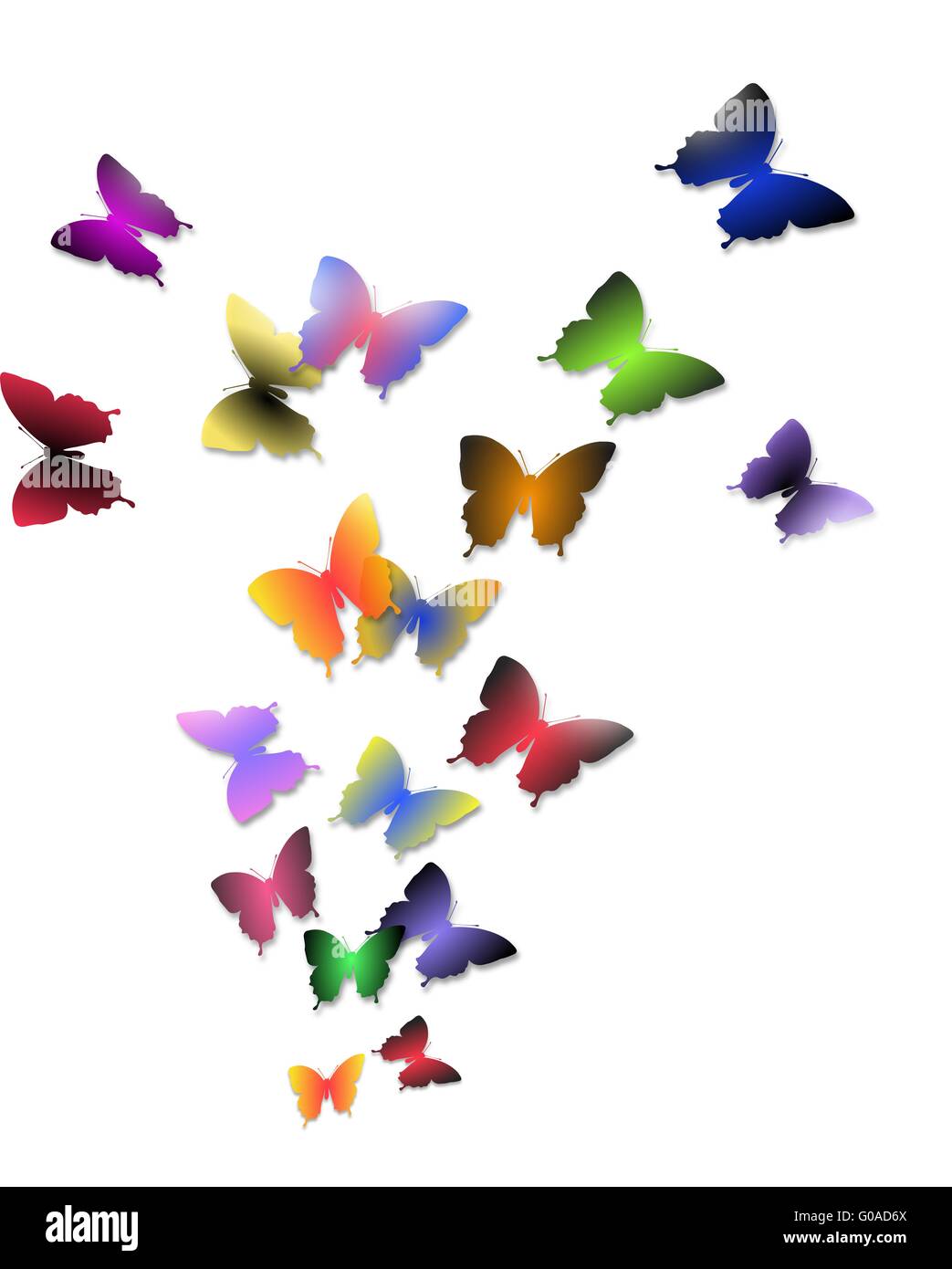 Ilustración de la bandada de mariposas coloridas aislado sobre un fondo blanco. Foto de stock