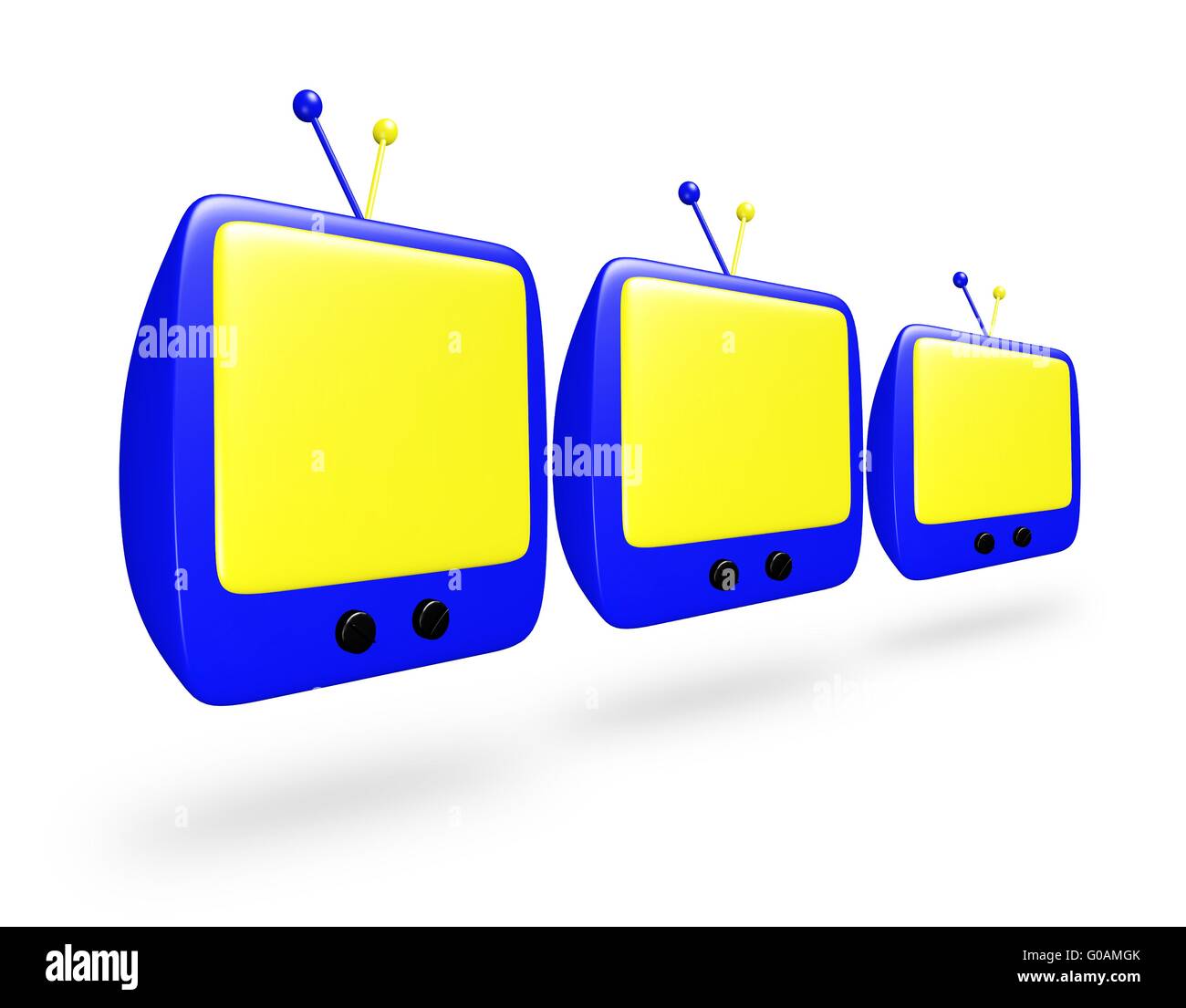 Cartoon azul TV con pantalla amarilla en una fila Foto de stock