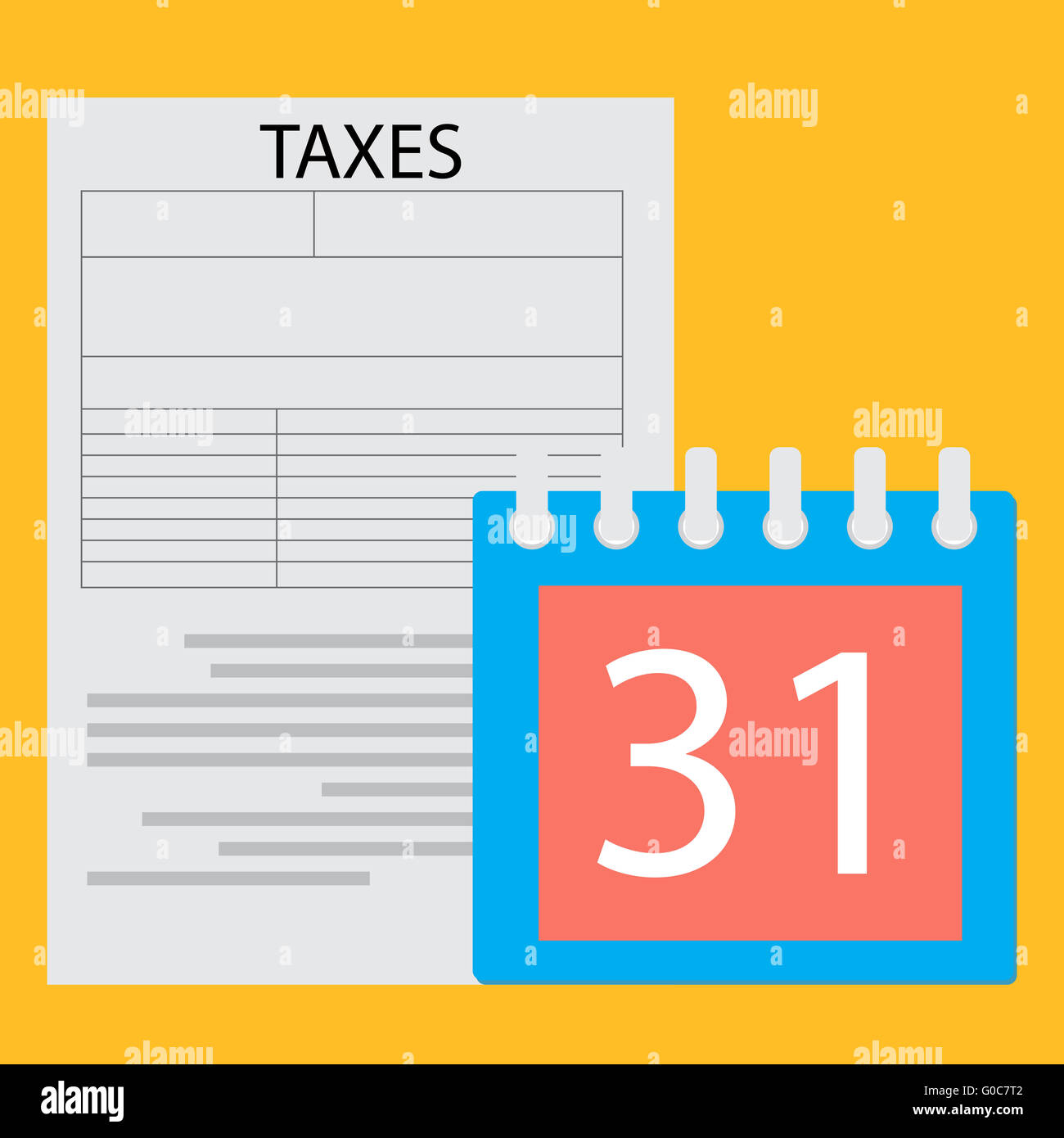 Fecha límite el día del impuesto. Página de formulario de impuestos y un día del calendario, el gobierno empresarial de pago. Vector diseño ilustración plana Foto de stock