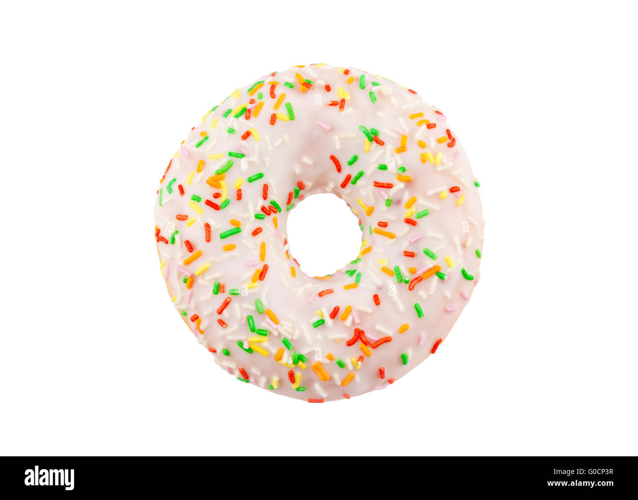 Donut con coloridos lloviznas aisladas sobre fondo blanco. Foto de stock