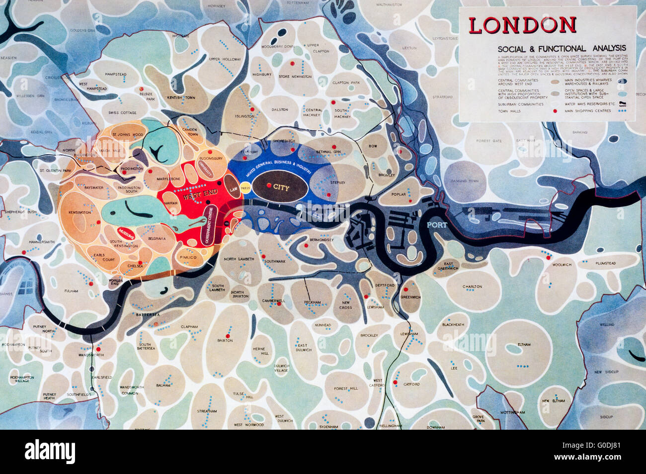 Detalle de Londres mapa de análisis funcional y social del condado de Londres de 1943 por Plan de Abercrombie y Forshaw. Muestra las comunidades. Foto de stock