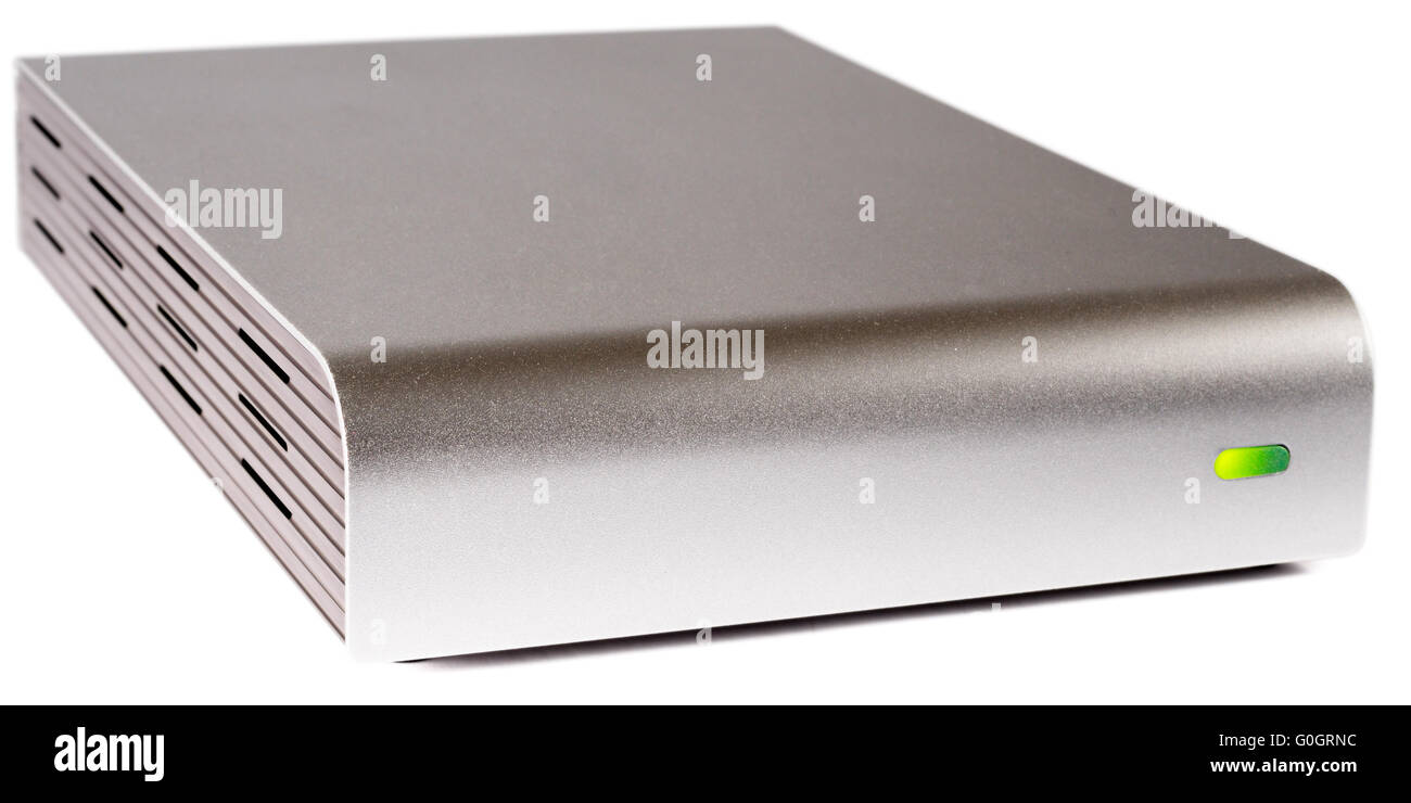 Caja Externa para disco duro sobre fondo blanco. Foto de stock