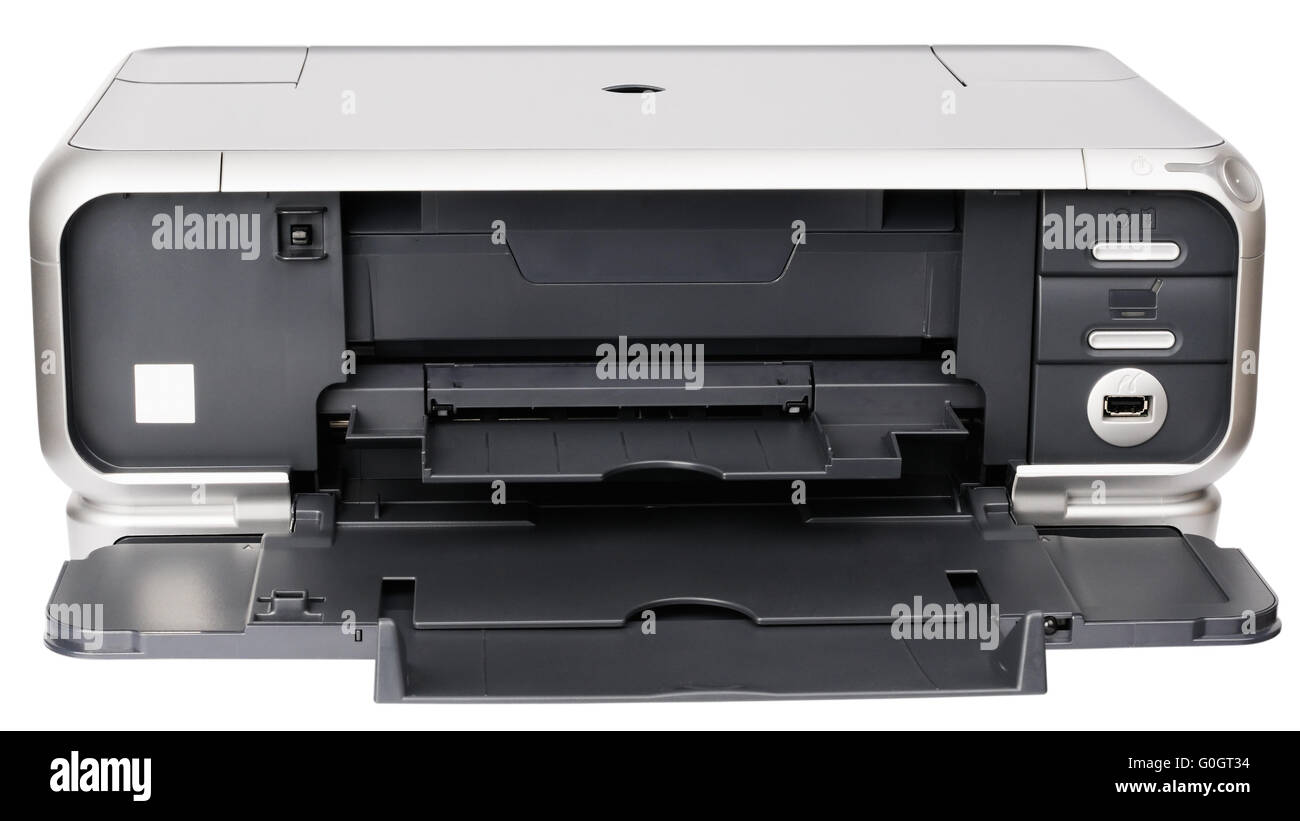 Vista frontal de impresora de chorro de tinta aislado en el blanco Foto de stock