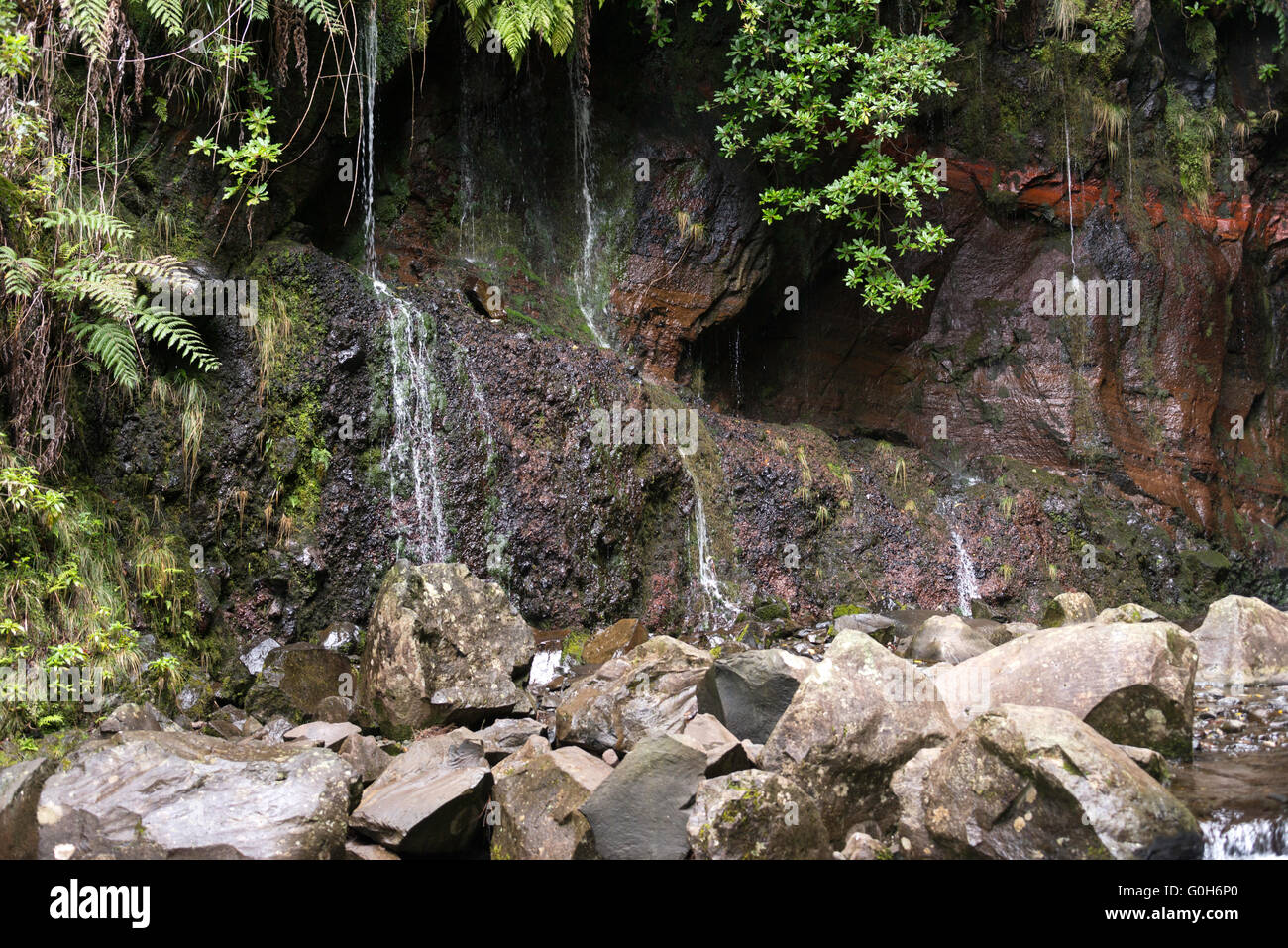 Cascada en la isla de Madeira en la levada das 25 Fontes tracking en la naturaleza salvaje con piedras y rocas rojas Foto de stock