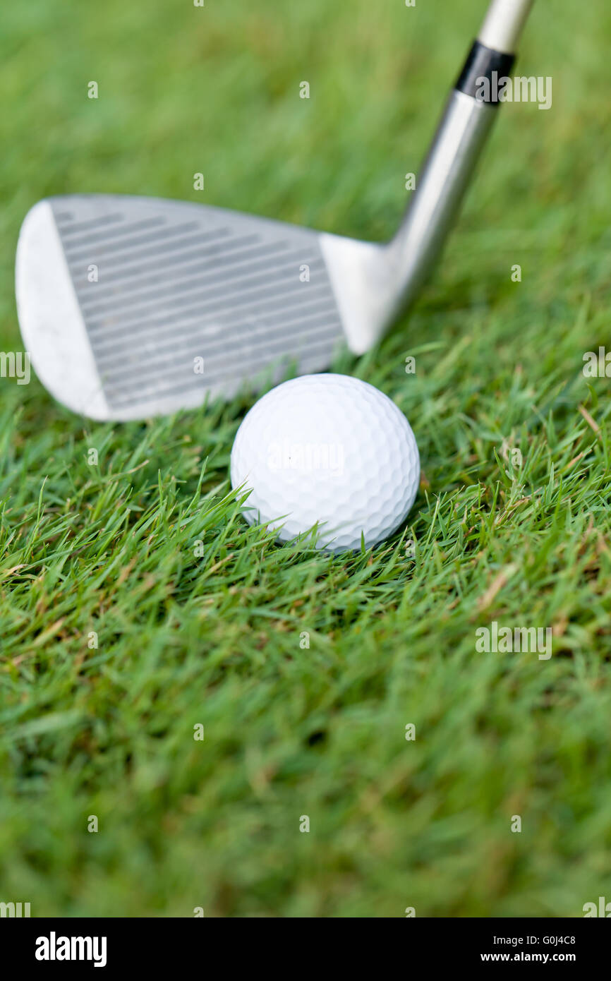 Pelota de golf y el hierro en el pasto verde detalle macro de verano al aire libre Foto de stock