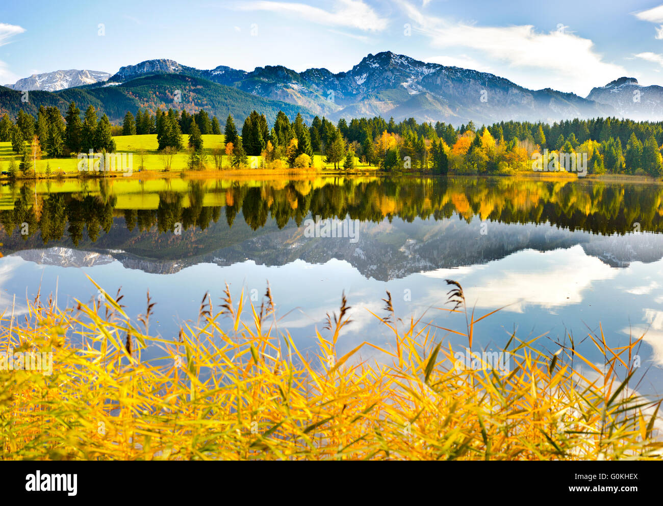Paisaje Panorámico en Baviera, con el lago y las montañas de los Alpes Foto de stock