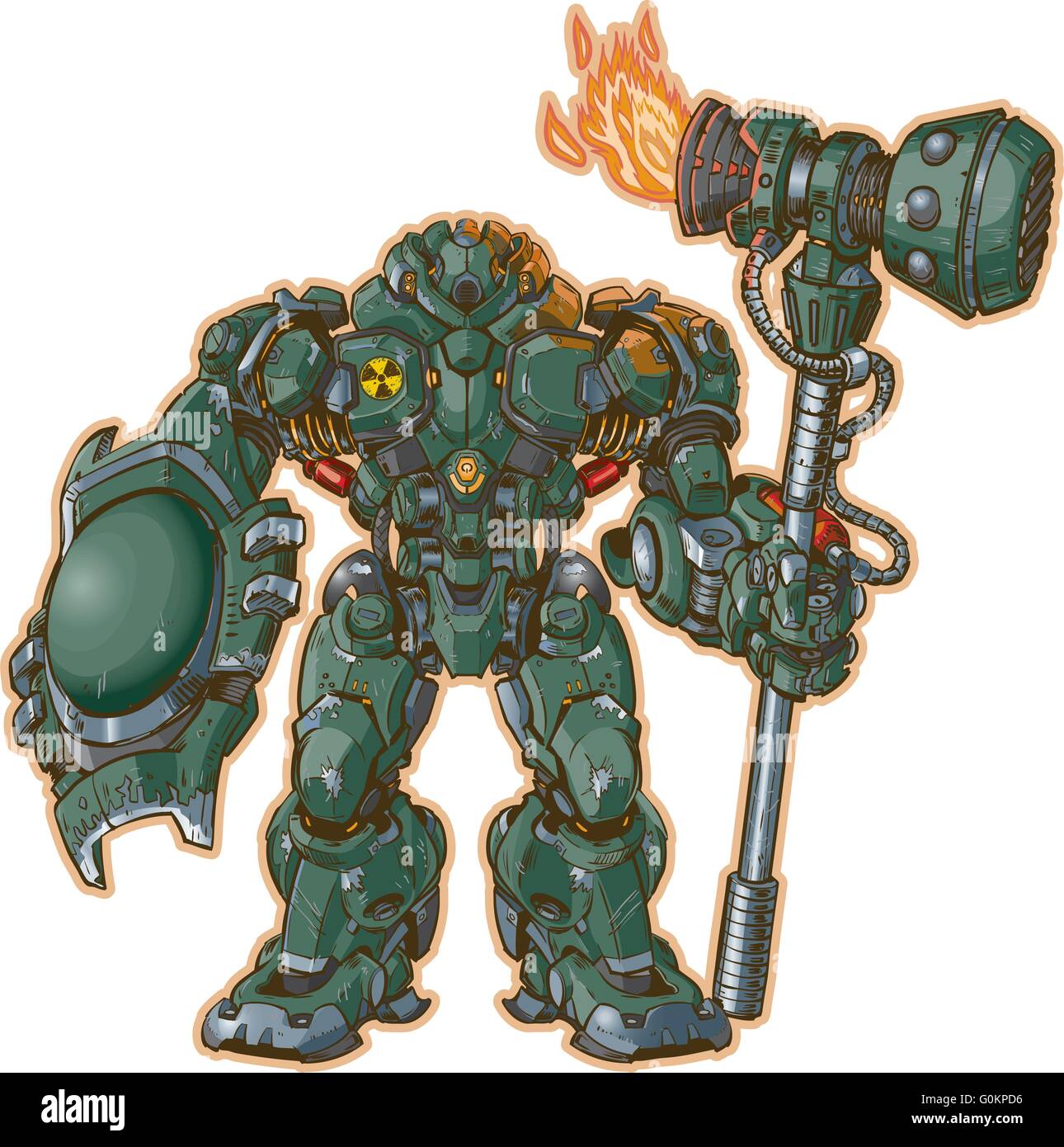 Una ilustración vectorial de un robot guerrero con un escudo y martillo de cohetes en la lista permanente. Ilustración del Vector