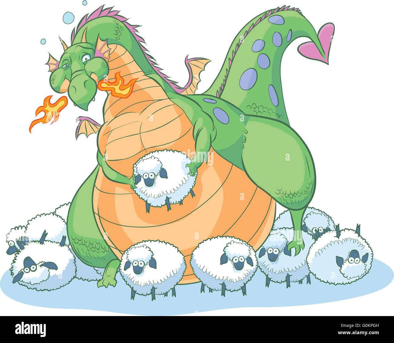 Un exceso de grasa dragón de dibujos animados descubre que puede tener demasiado de una buena cosa. Él está rodeado de ovejas desorientado. Ilustración del Vector