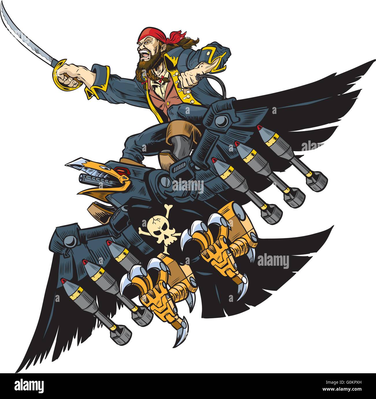 Cartoon ilustración vectorial o imágenes prediseñadas de un pirata montando  un robot Crow o Raven blandiendo una espada o machete Imagen Vector de  stock - Alamy