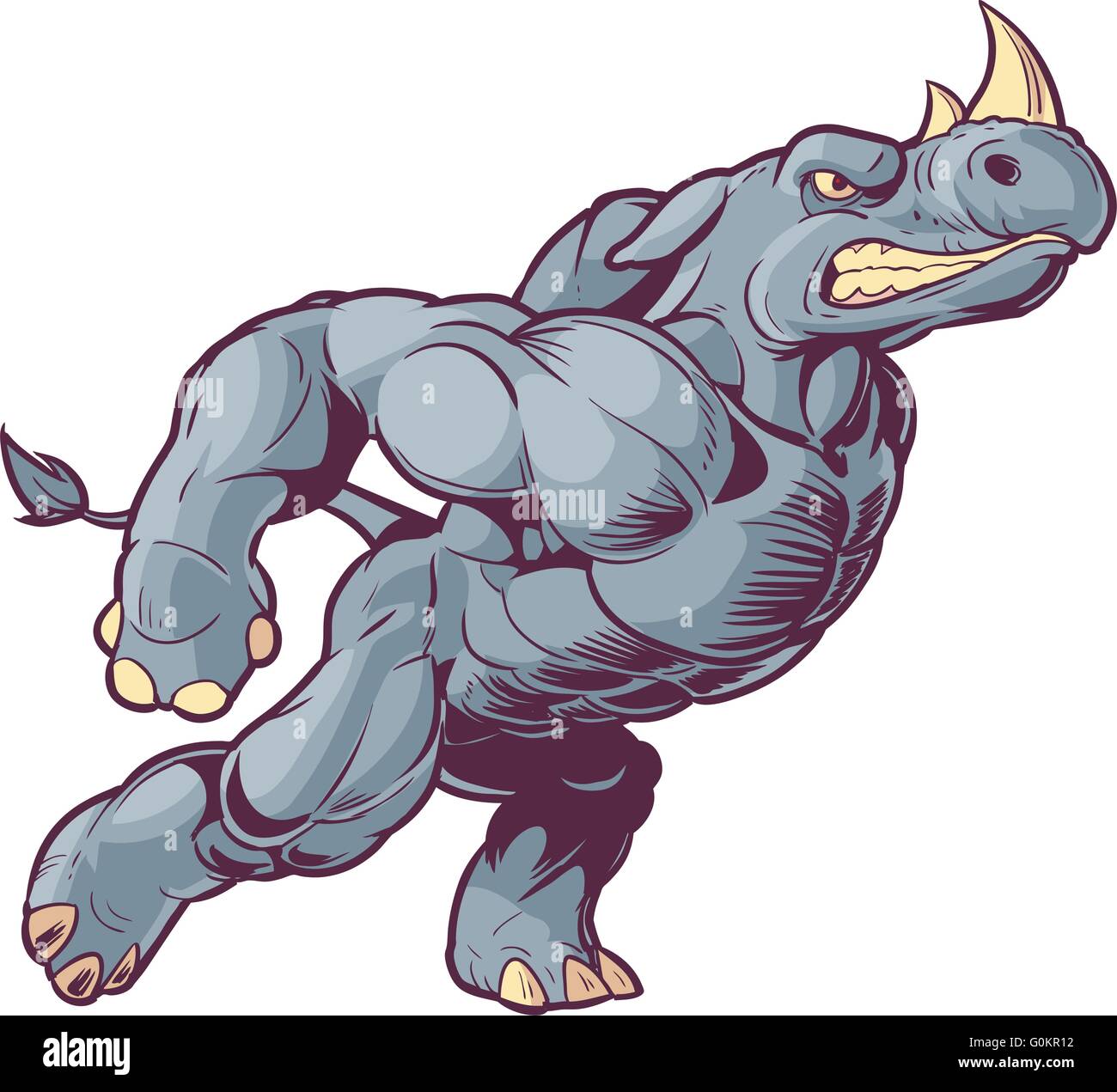 Cartoon vectores Clip Art Ilustración de una mascota antropomorfo Rhino cargando a la derecha Ilustración del Vector