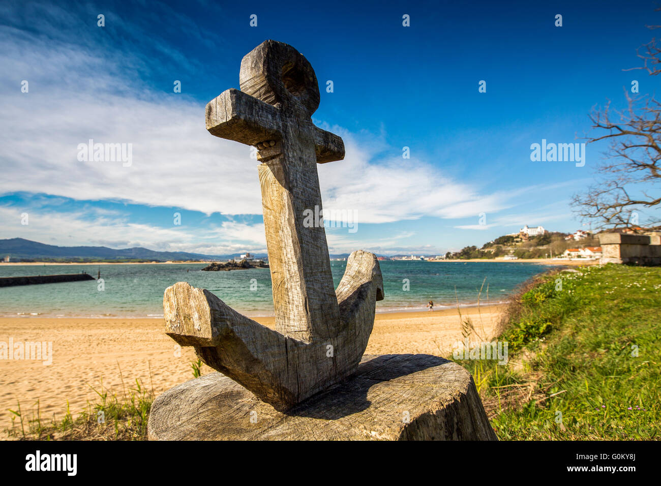 Escultura de anclaje, Magdalena playa, mar Cantábrico. Santander Cantabria, ESPAÑA EUROPA Foto de stock