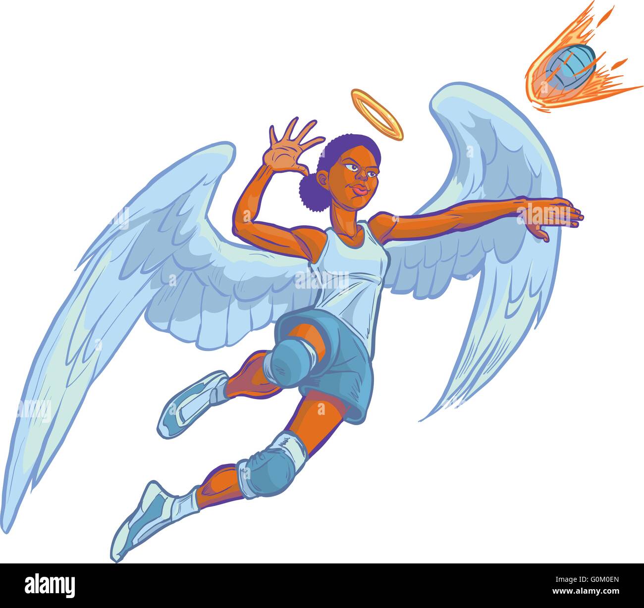 Cartoon clip art ilustración de una chica americana africana ángel jugador del voleibol de la mascota saltar a spike entrantes en servir. Ilustración del Vector