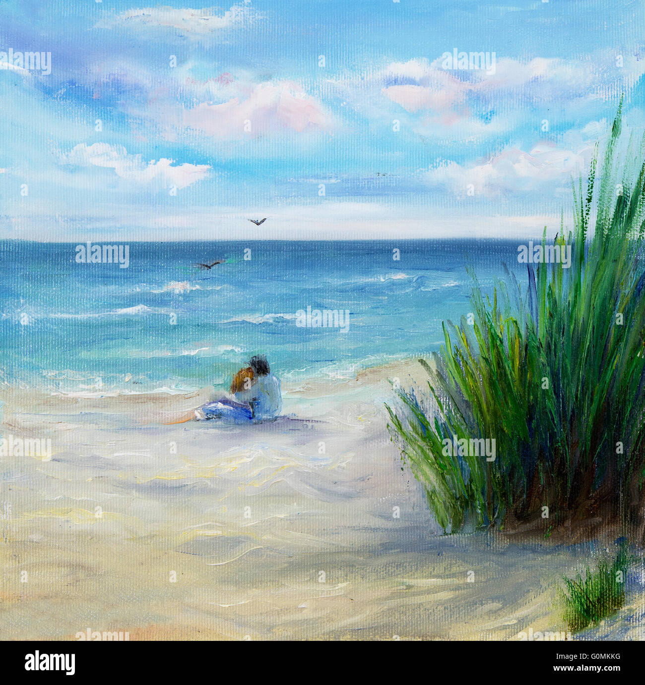 Pintura al óleo originales mostrando par en amor sentado en la playa y  mirando al océano o mar sobre lienzo. Impresionismo moderno Fotografía de  stock - Alamy