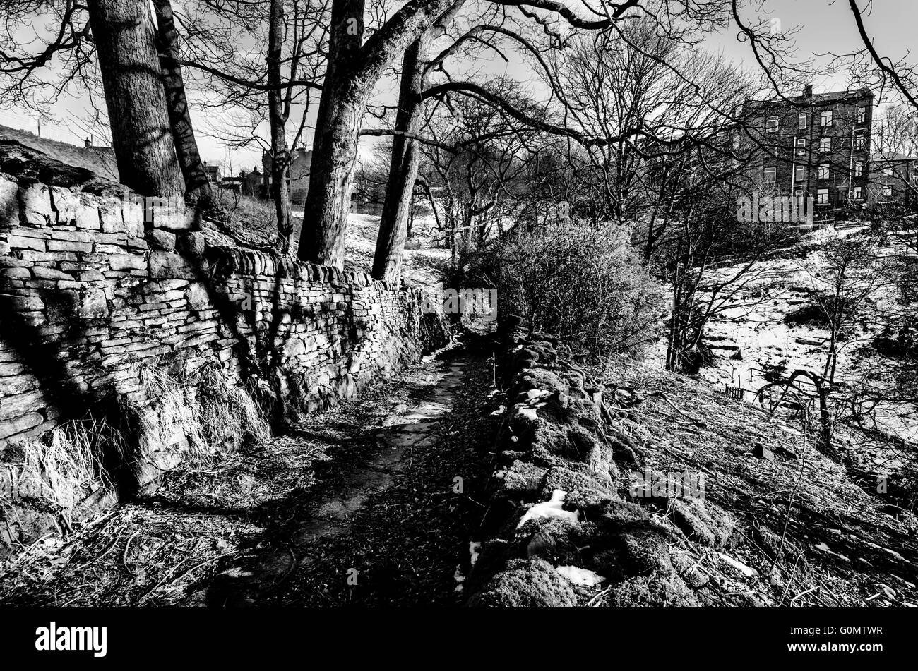 Imagen monocroma de antiguo en Pecket bridleway bien cerca de Hebden Bridge en West Yorkshire Calderdale Foto de stock