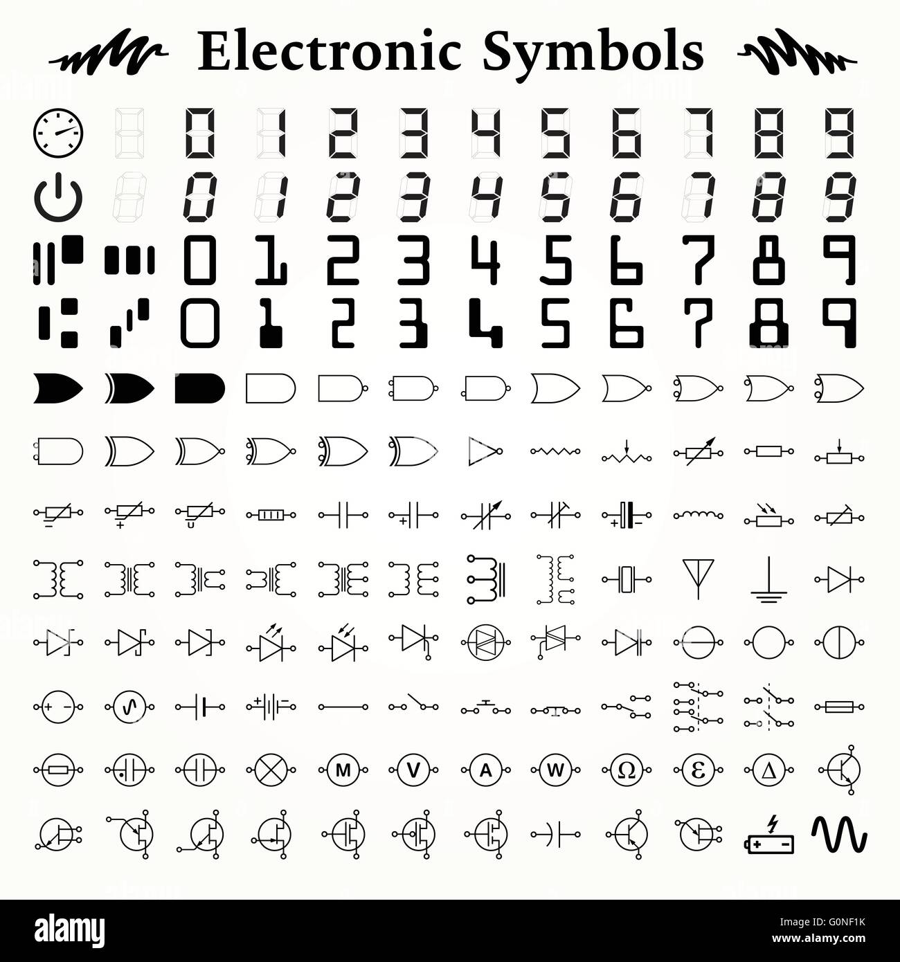 Elementos de símbolos electrónicos, iconos y señales Ilustración del Vector