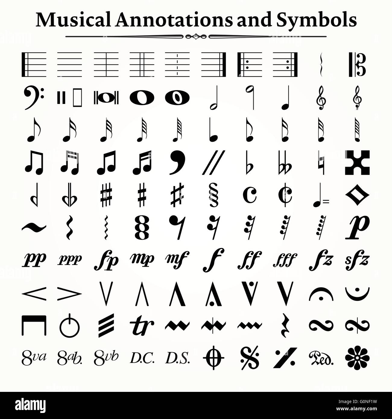 Elementos de símbolos musicales, iconos y anotaciones Imagen Vector de  stock - Alamy