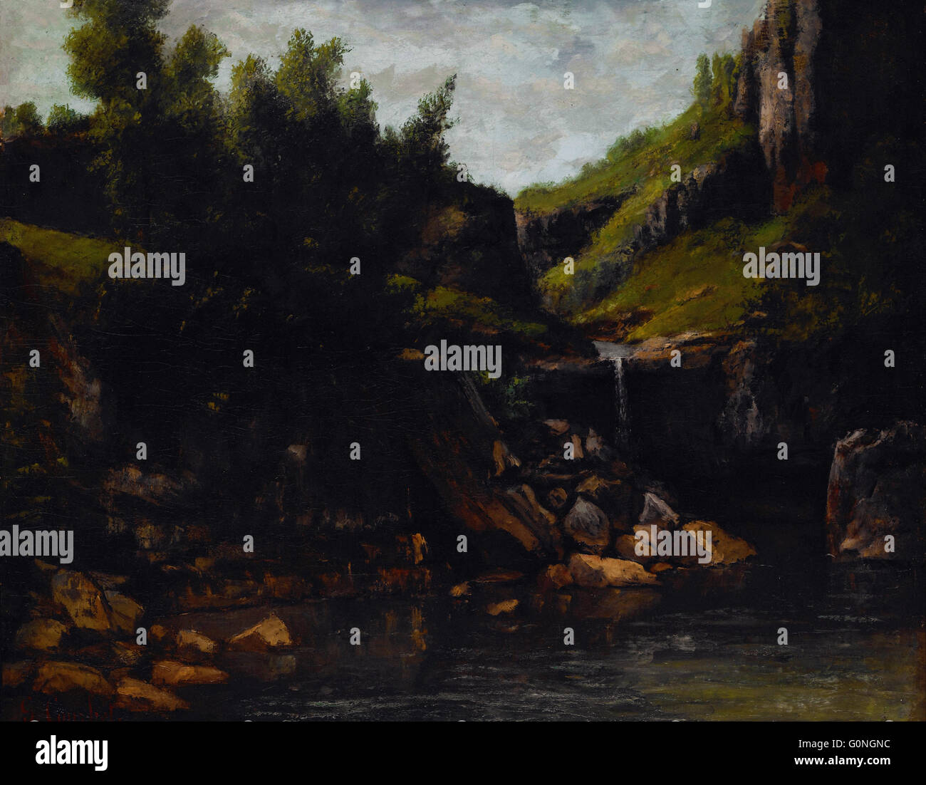 Courbet, Gustave - Cascada en un paisaje rocoso Foto de stock