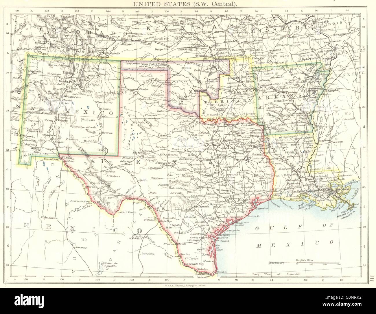 Ee.Uu. SOUTH CENTRAL. Texas "territorio indio" OK AR LA NM. JOHNSTON, 1899 mapa Foto de stock