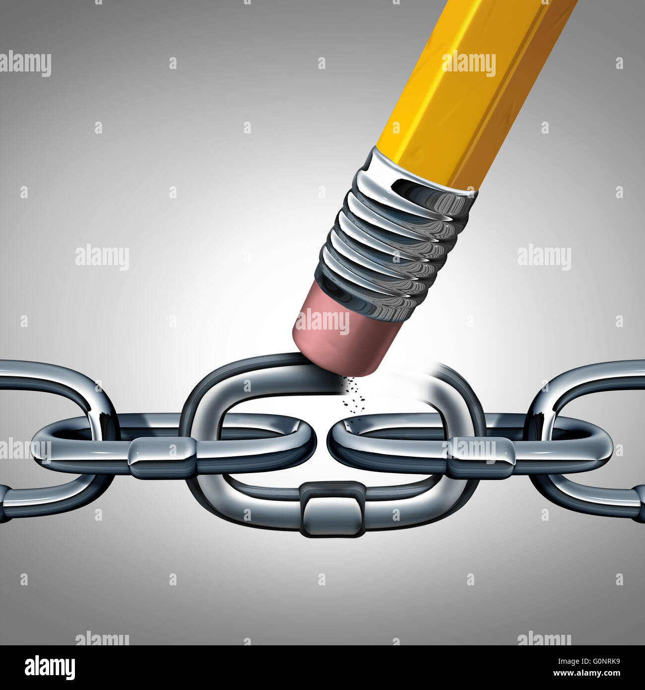 Concepto de la debilidad y la cadena rota como un símbolo de negocios con eslabones metálicos y un borrador de lápiz de borrar una conexión clave como una metáfora de la desconexión o el divorcio con ilustración 3D elementos. Foto de stock