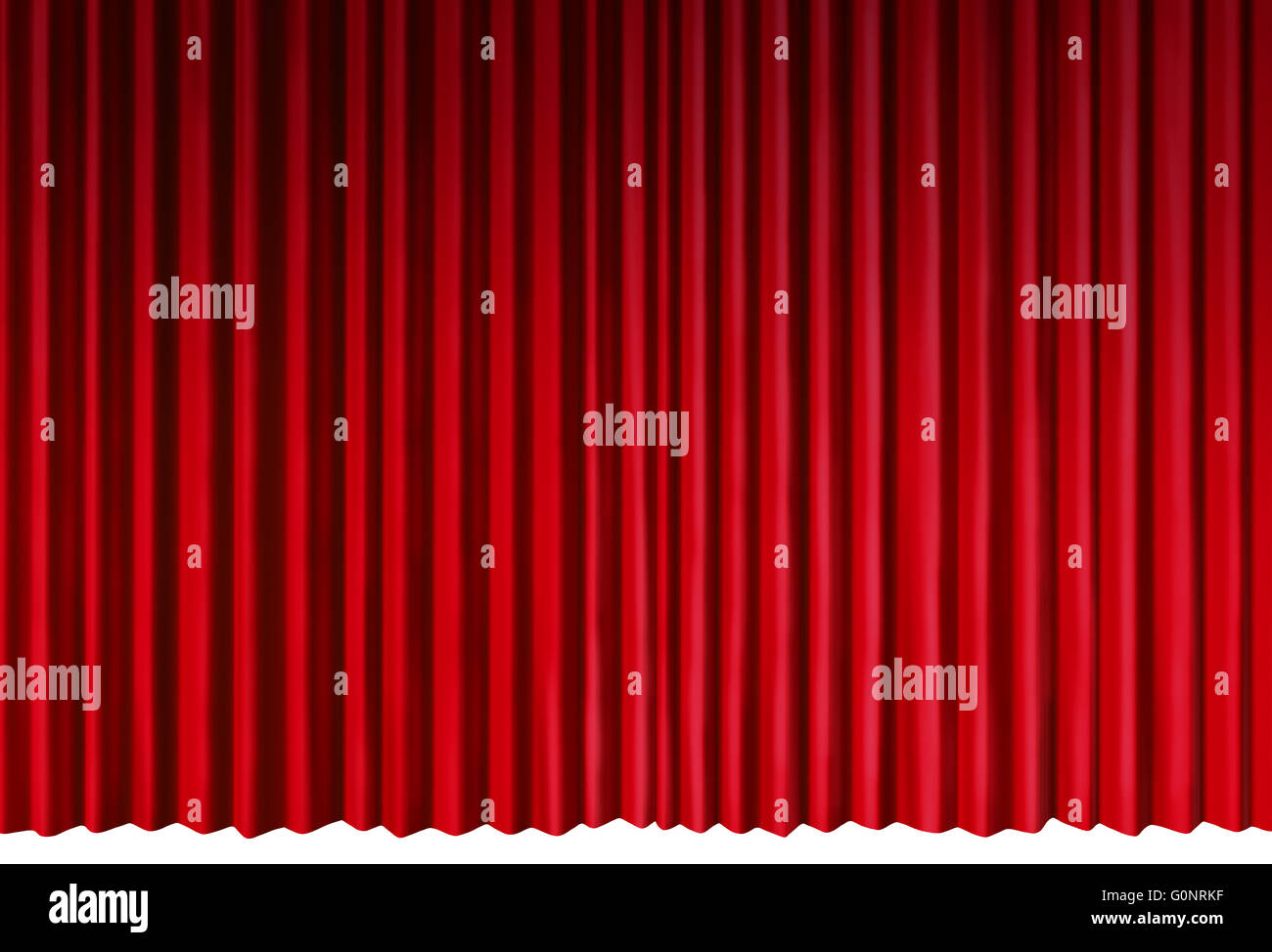 Las cortinas de terciopelo rojo objeto como escenario para espectáculos teatrales representando aislado sobre un fondo blanco como una ilustración 3D. Foto de stock