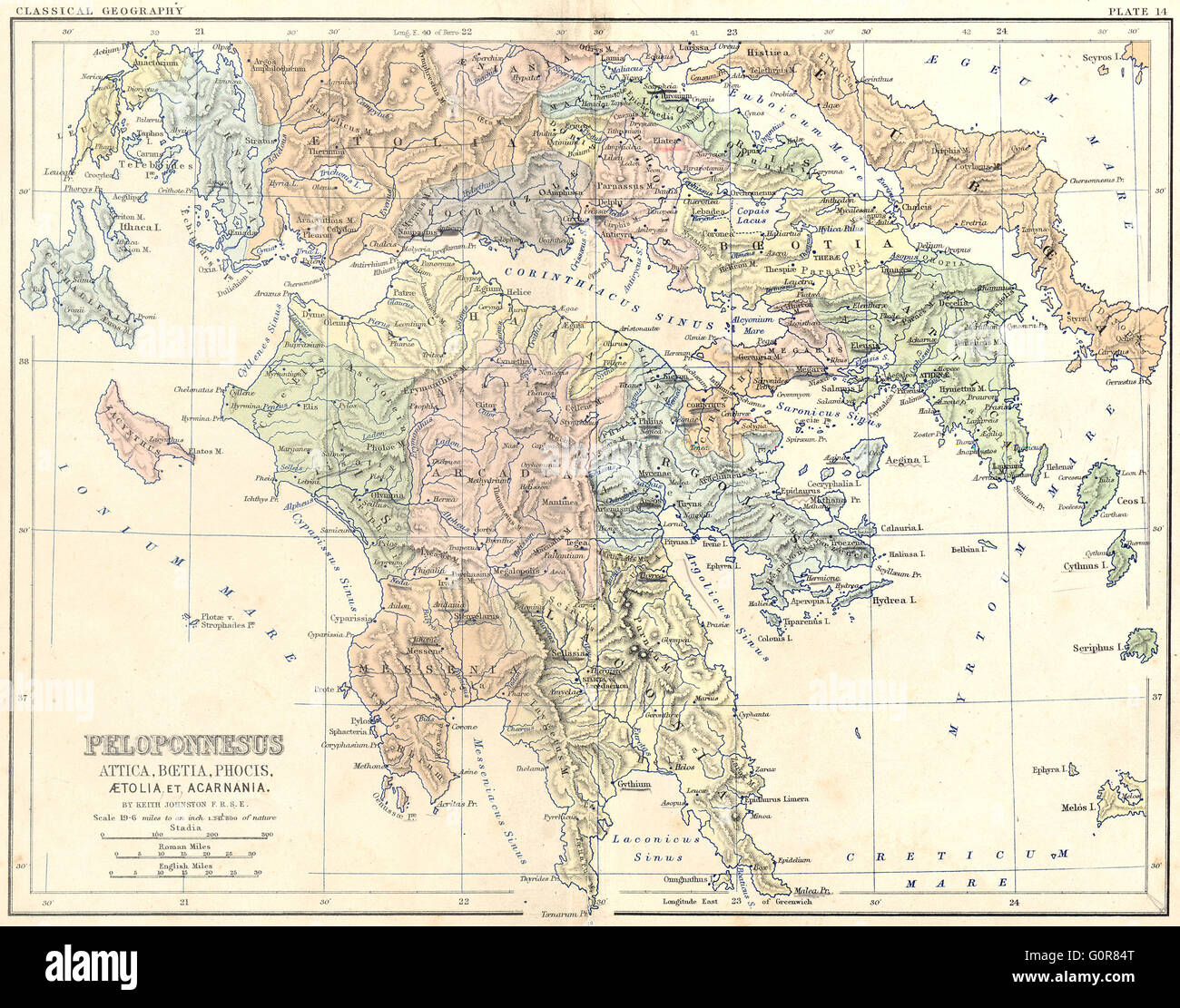 Peloponeso: Attica, Boetia, Phocis, Etolia, 1880 mapa antiguo Foto de stock