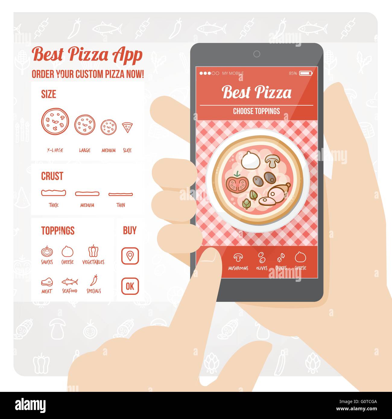 La mejor pizza app diseño de interfaz con el ingrediente y iconos en pantalla móvil Ilustración del Vector