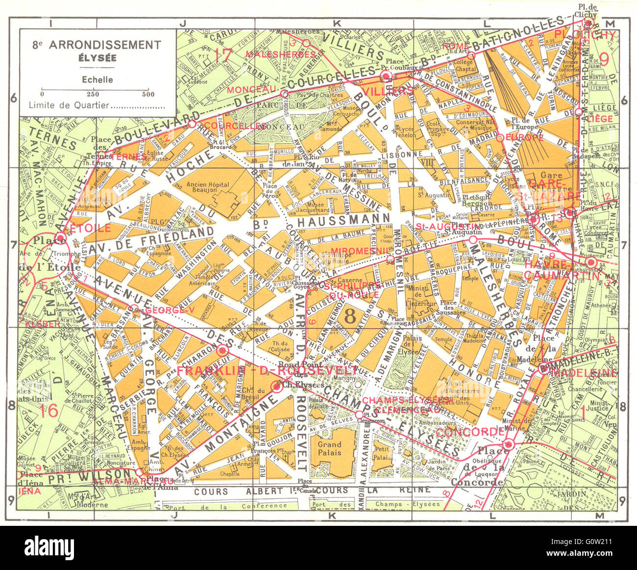 París: 8e arrondissement Elysee, 1920 vintage mapa Foto de stock