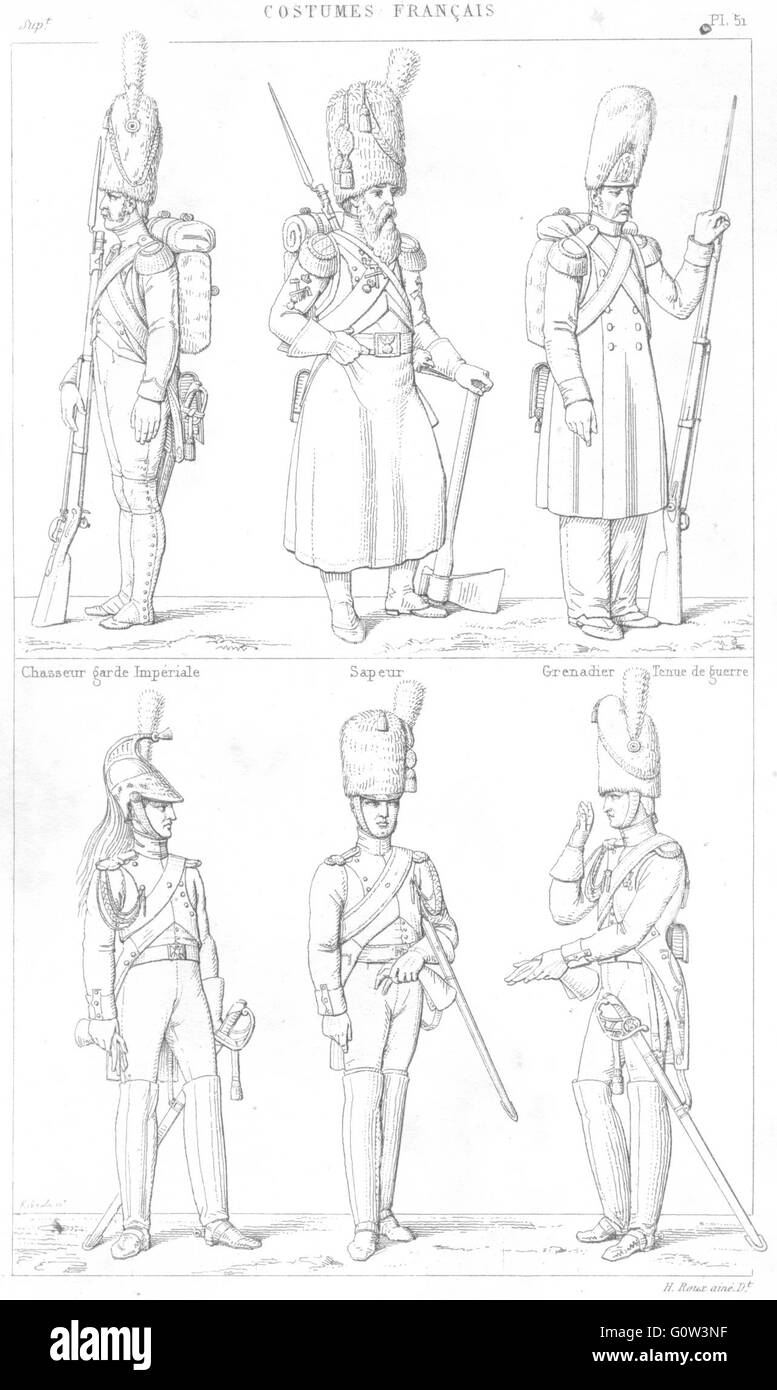 MILITARIA: Hunter, la Guardia Imperial; Sapper; Granadero; Dragoon, gendarmes, 1875 Foto de stock