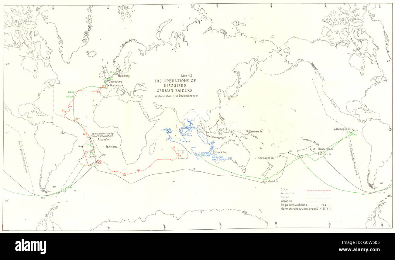 Océano: operaciones de guerra alemán disfrazado June-Dec Raiders, 1941, 1954 mapa Foto de stock