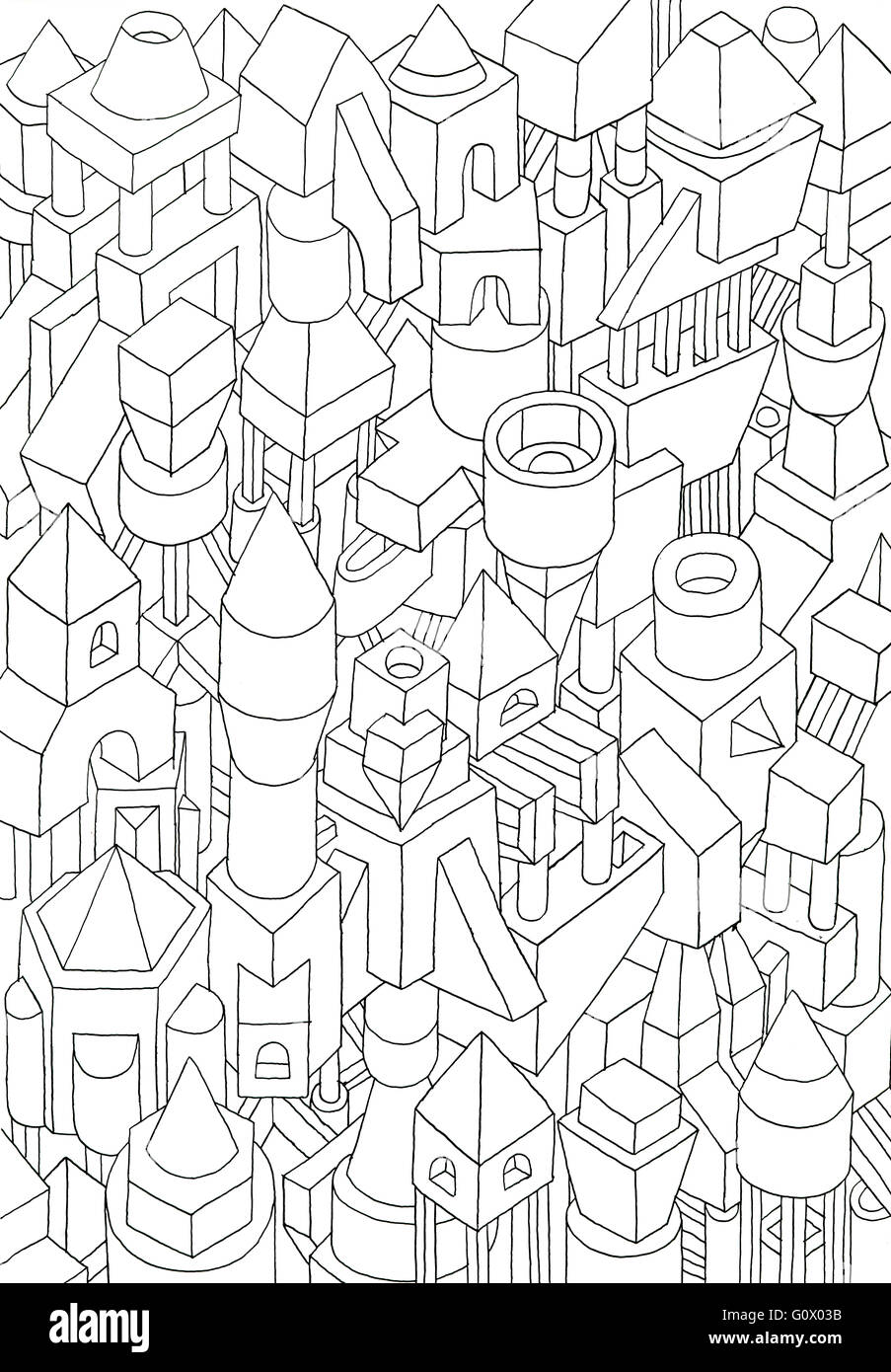 Las formas geométricas dibujadas con lápiz o tinta en cartoon, mermelada de formas y significados en una ciudad Foto de stock