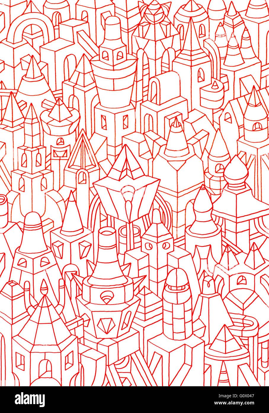 Boceto de color rojo de pequeños edificios y casas, dibujo de formas geométricas, representando una ciudad Foto de stock