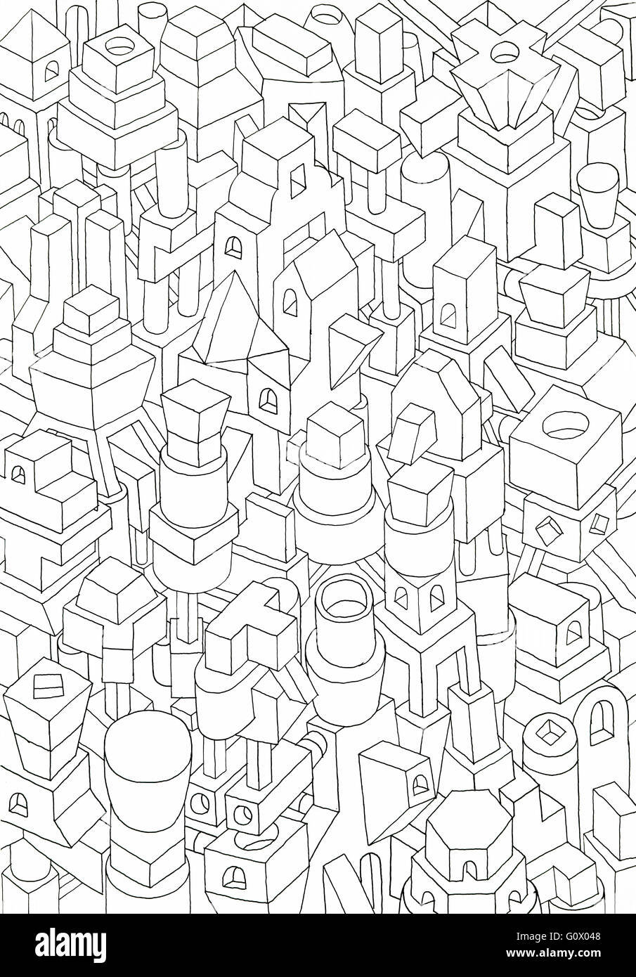 Las formas geométricas dibujadas con lápiz o tinta, mermelada de formas y significados en una ciudad Foto de stock