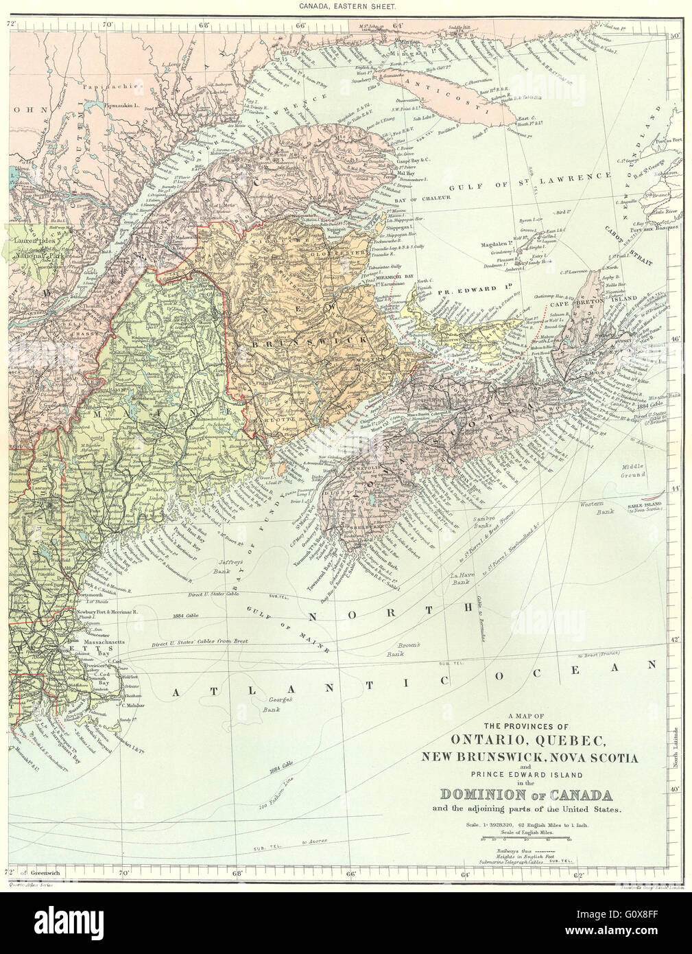 Medio: Canadá Quebec Nuevo Brunswick NS Prince Edward. STANFORD, 1906 viejo mapa Foto de stock