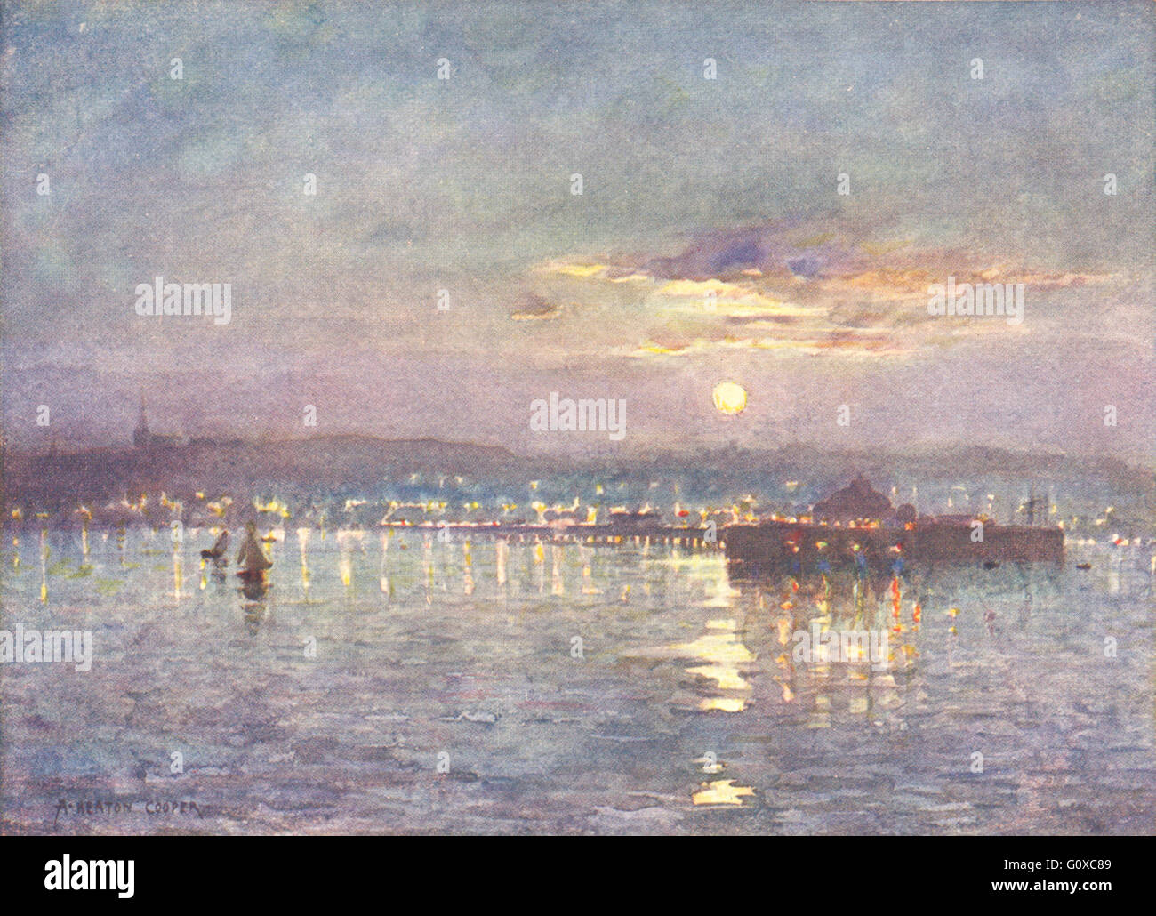 La ISLA DE WIGHT: Ryde-Moonrise, grabado antiguo 1908 Foto de stock