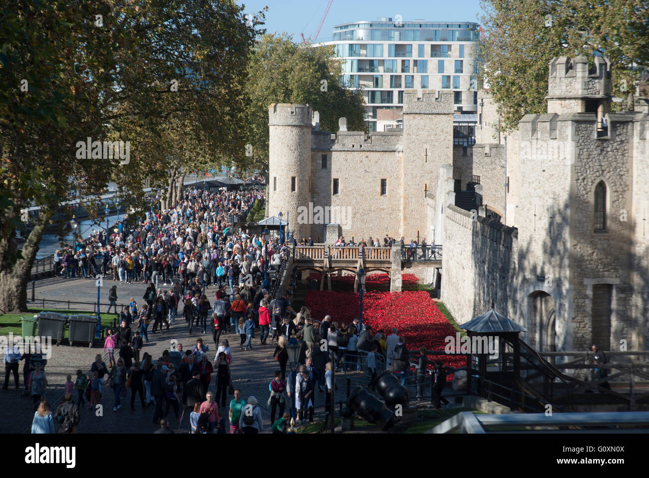 Las multitudes que asistían a la amapola mostrar en la Torre de Londres, Londres, EC2, Inglaterra Foto de stock