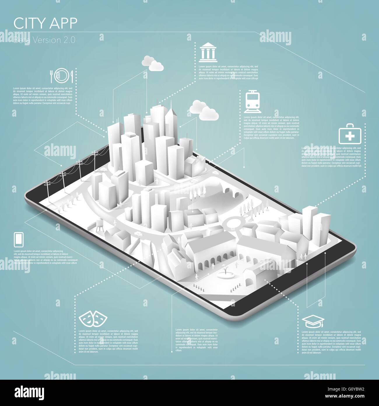 Ciudad 3D en una aplicación móvil con el texto y los iconos, y el concepto de realidad aumentada móvil Ilustración del Vector