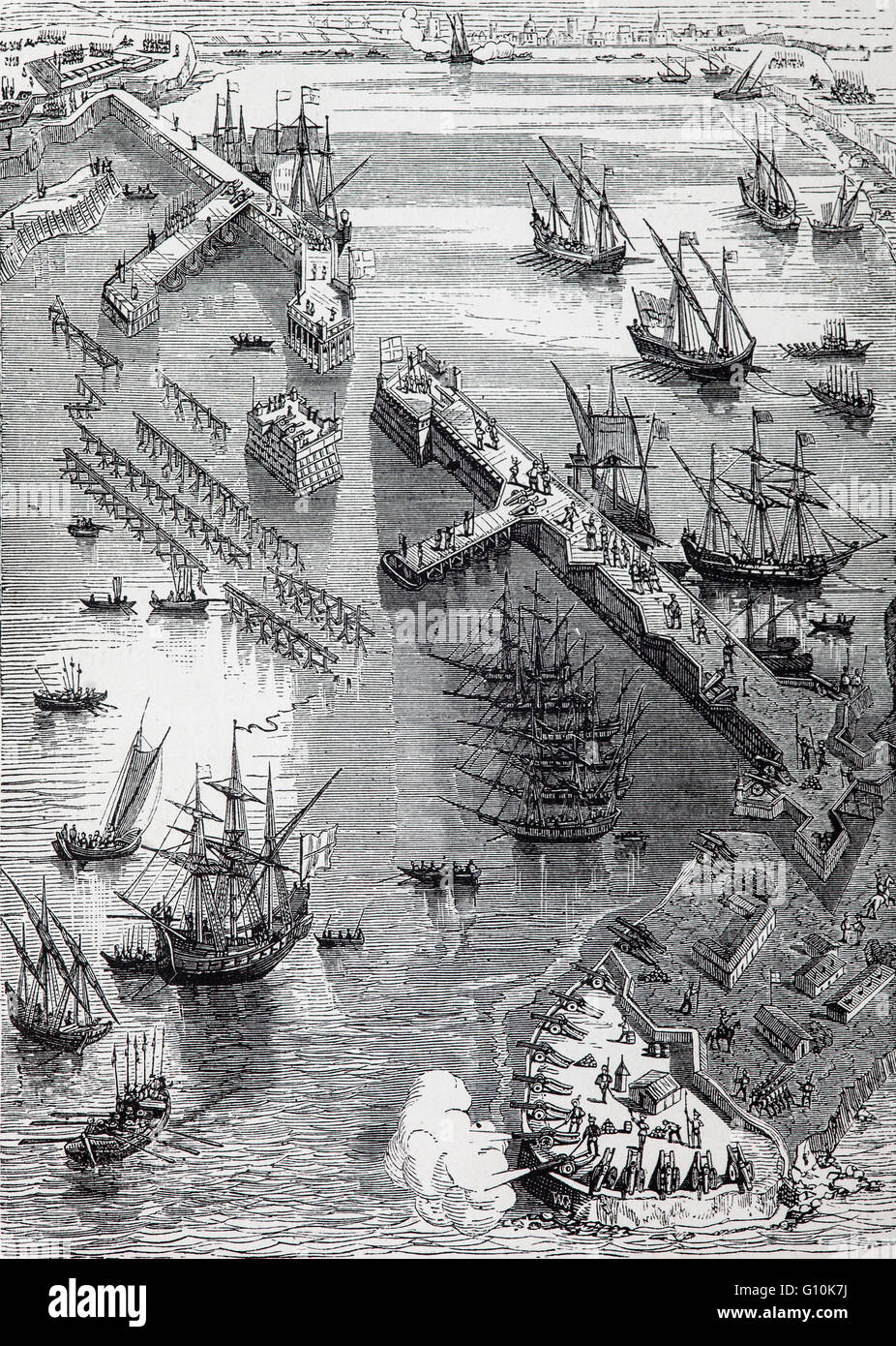 El asedio de la Rochelle o Le Grand Siège de La Rochelle durante la guerra entre las fuerzas reales francesas de Luis XIII de Francia y los hugonotes de La Rochelle en 1627-28. Foto de stock