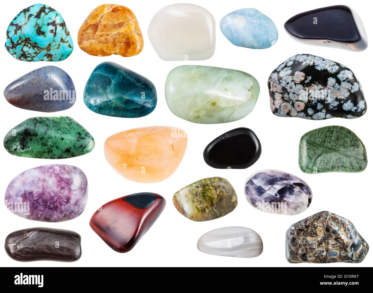 Conjunto de diversos minerales naturales pulidas piedras y piedras  preciosas - estilbita, ágatas, amatistas,, , hypersthene tinguaite,  fonolita, c Fotografía de stock - Alamy