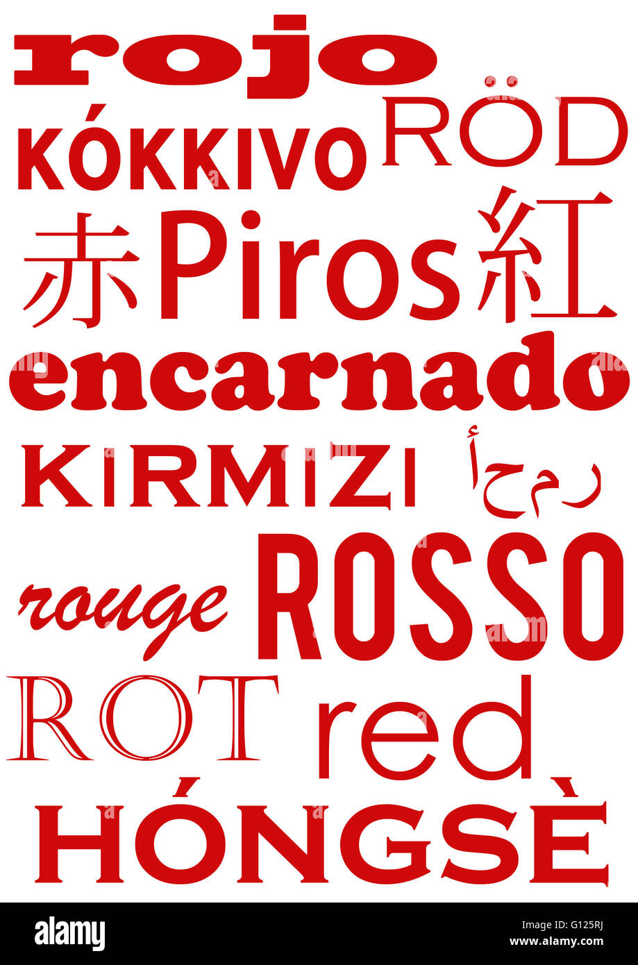 El color rojo escrito en diferentes idiomas Foto de stock