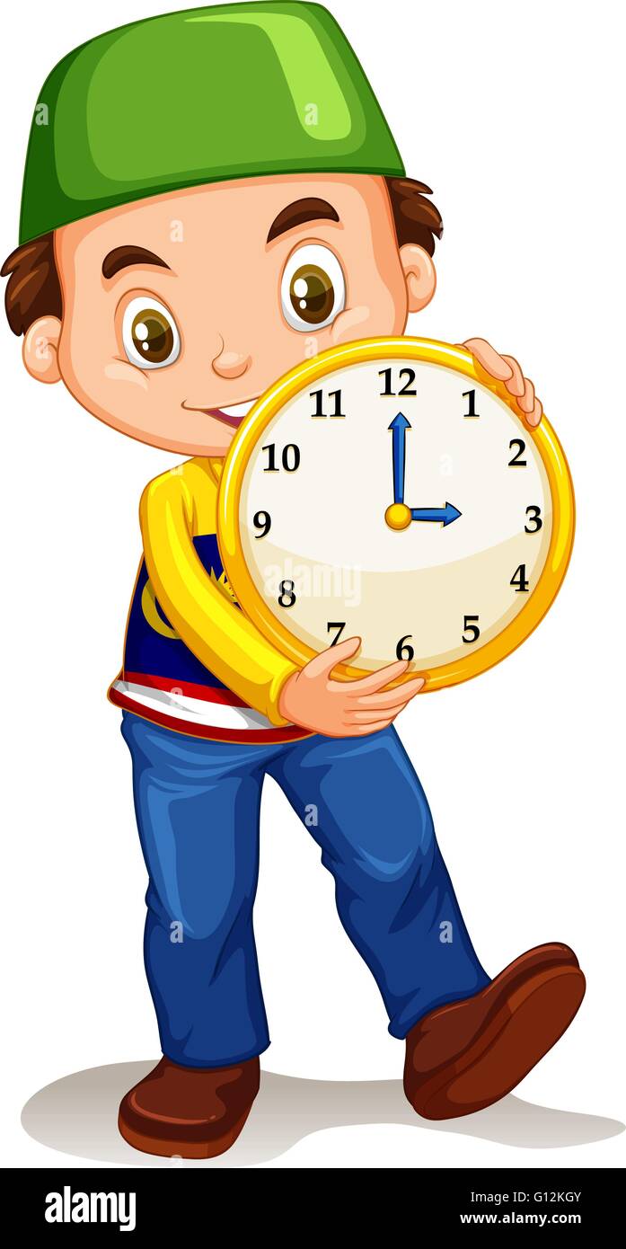 Niño sosteniendo un reloj amarillo ilustración Imagen Vector de stock -  Alamy