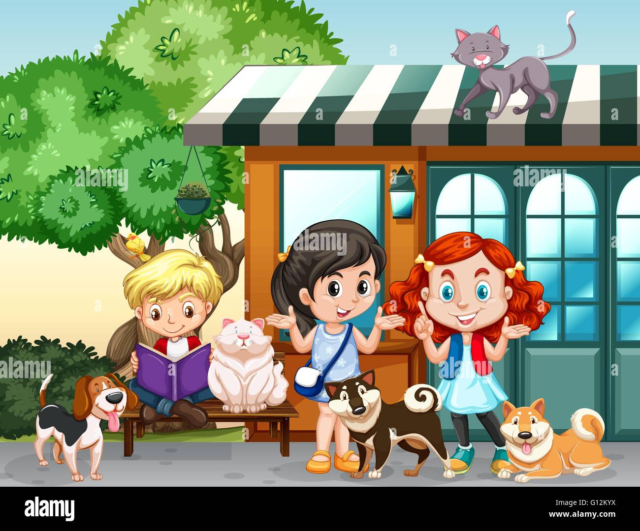 Niños jugando con perros y gatos ilustración Imagen Vector de stock - Alamy
