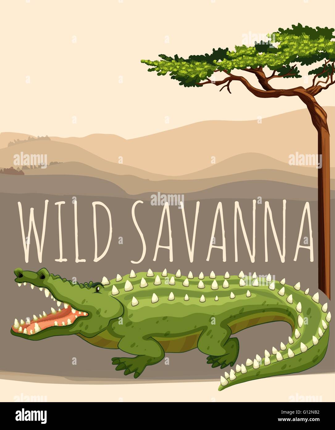 Salvaje sabana con árboles y cocodrilos ilustración Imagen Vector de stock  - Alamy