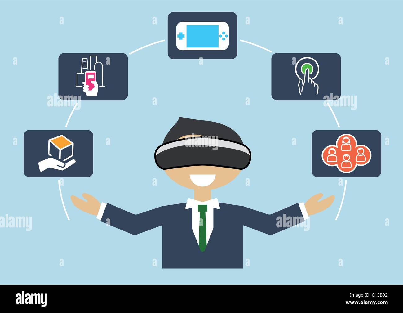 Concepto de realidad virtual como ilustración vectorial de hombre de negocios mediante auriculares VR Ilustración del Vector