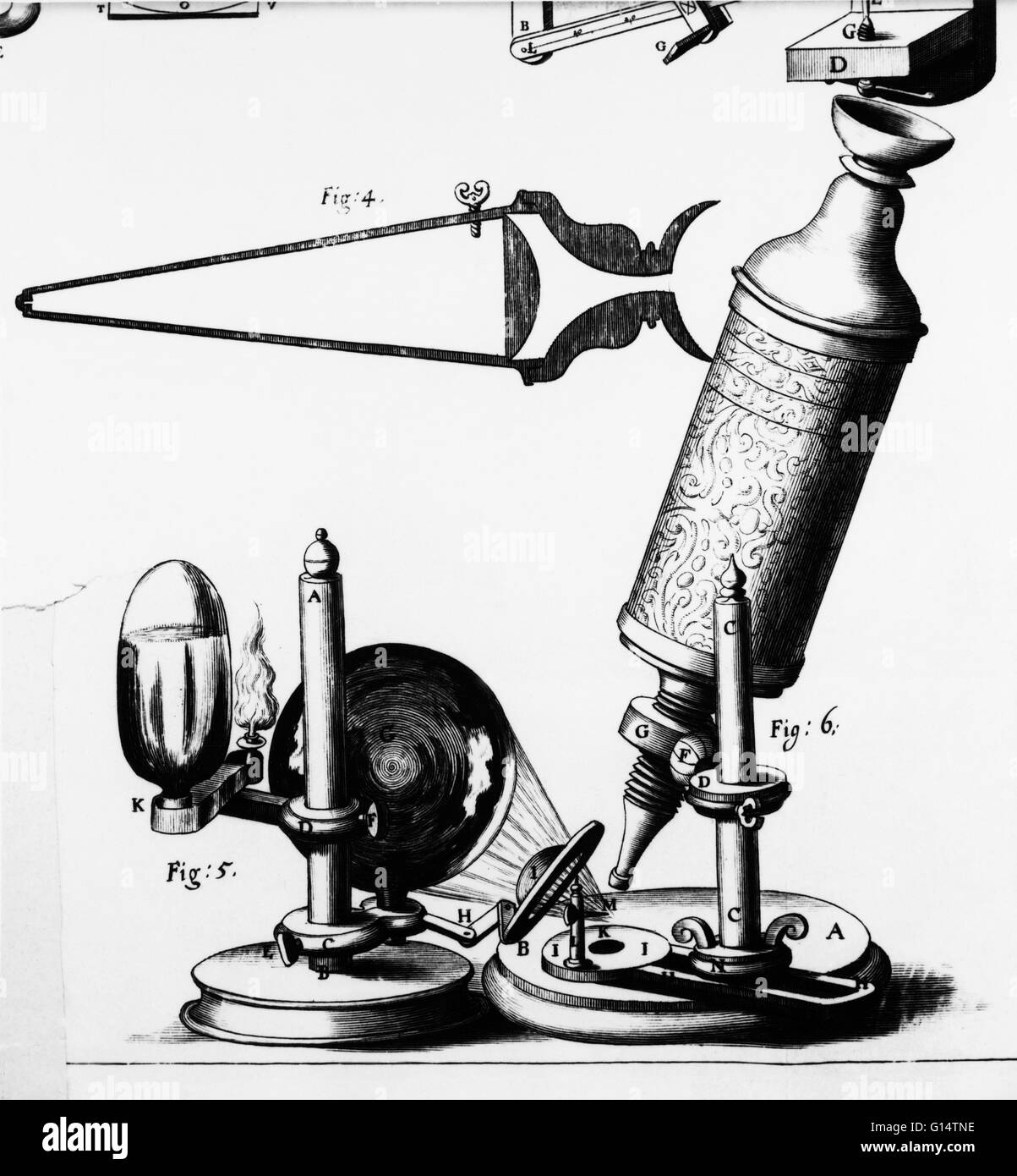 Robert Hooke (1635-1703) grabado de su microscopio como encontrados en  Micrographia. Hooke fue un químico, físico y arquitecto. Él materialmente  inventó el microscopio compuesto, el cuadrante y un barómetro de la marina.