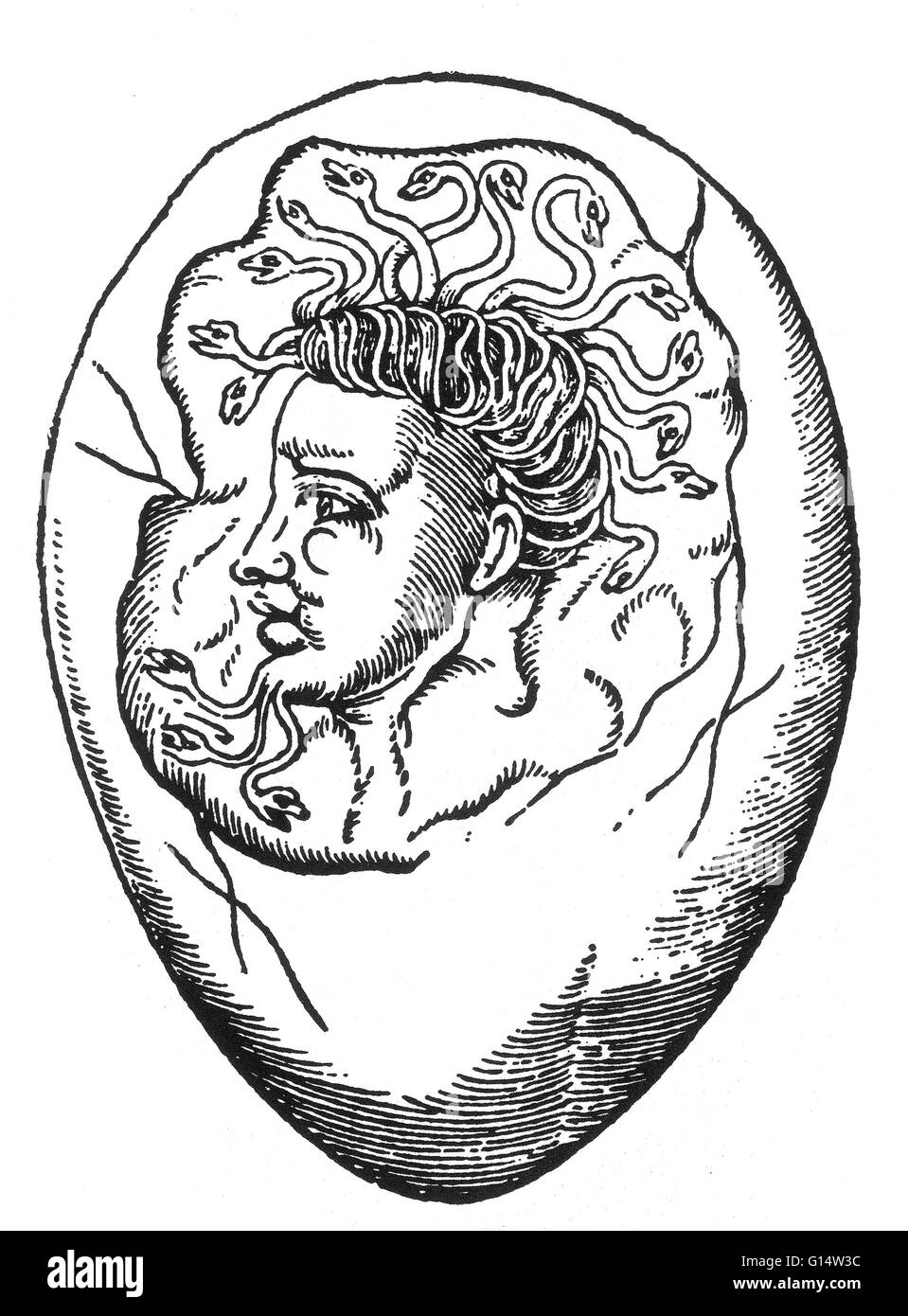 Xilografía de 'la forma de un monstruo encontrado en un huevo" de Des Monstres et prodiges por Ambroise Paré, 1573. Des Monstres está lleno de cuentas sin fundamento de los diablos de mar, marinos hembras y animales monstruosos con rostros humanos. Con su extensa discussio Foto de stock