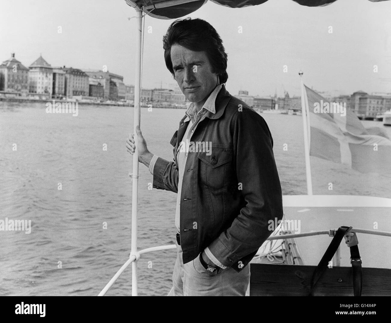 El actor estadounidense Warren Beatty en Estocolmo para el lanzamiento de la película Bonnie y Clyde Foto de stock