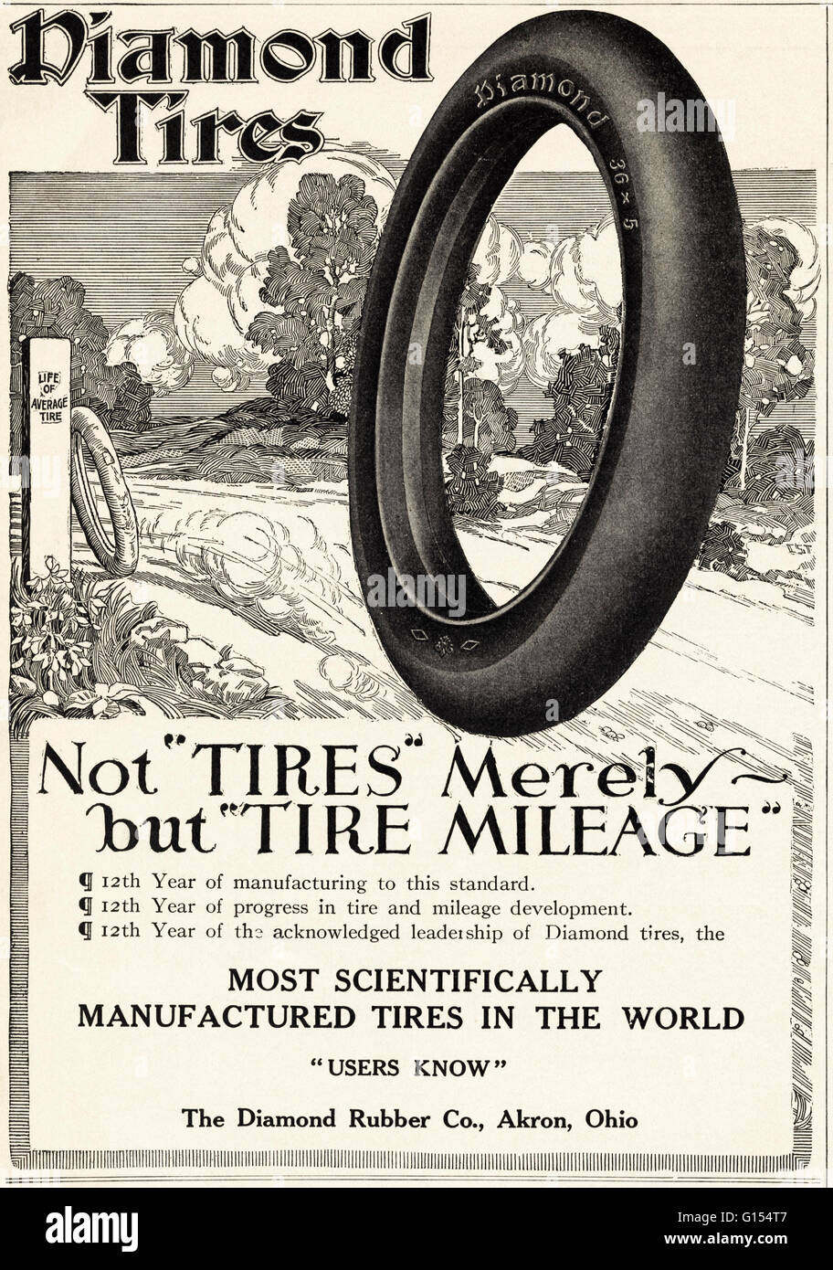 Original antiguo vintage revista americana anuncio desde la época eduardiana, data de 1910. Publicidad publicidad los neumáticos en el diamante el caucho Co de Akron Ohio EE.UU Foto de stock