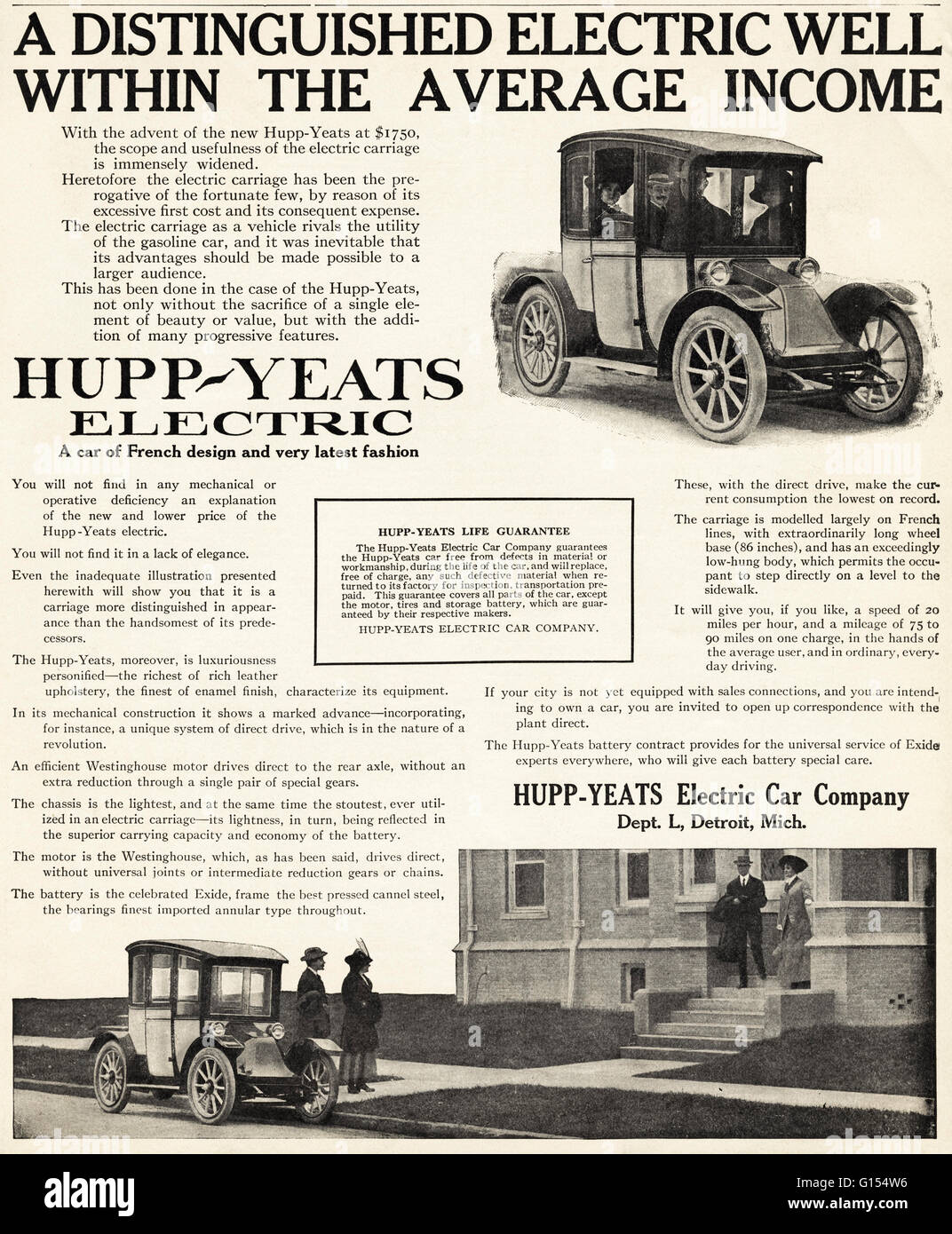 Original antiguo vintage revista americana anuncio desde la época eduardiana, data de 1910. Publicidad publicidad coche eléctrico Hupp-Yeats Company de Detroit, Michigan USA Foto de stock