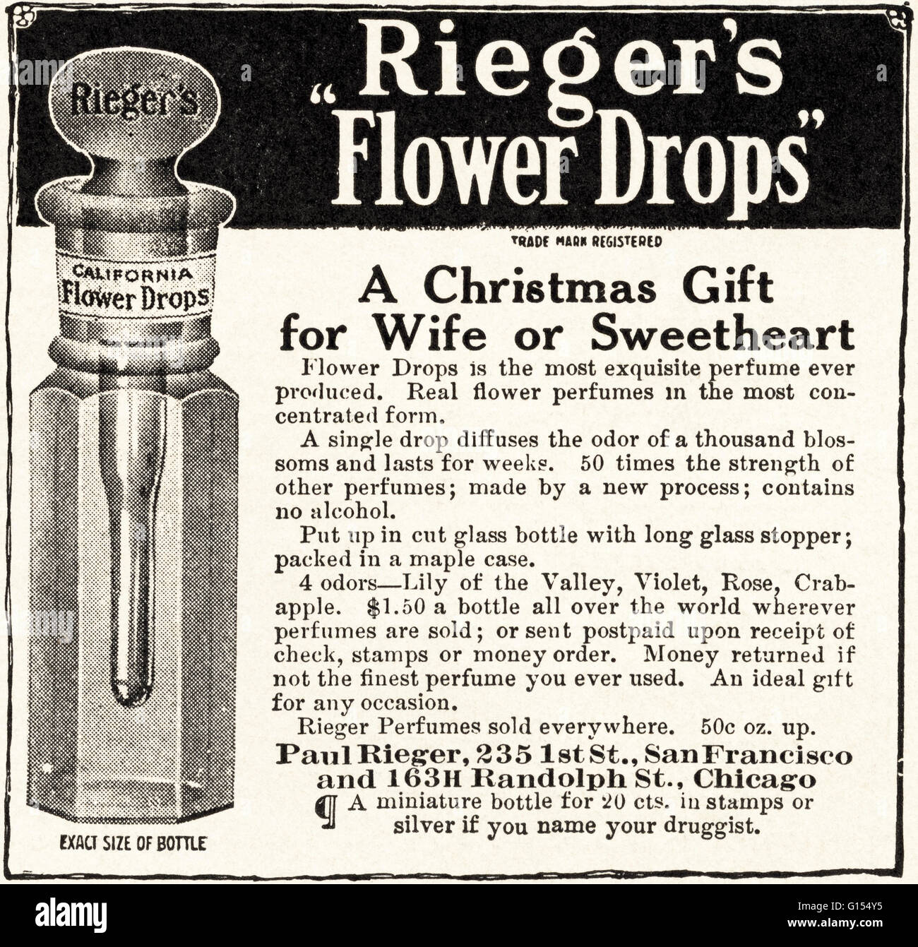 Original antiguo vintage revista americana anuncio desde la época eduardiana, data de 1910. Publicidad publicidad Rieger's California Flower gotas perfume por Pablo Rieger de San Francisco y Chicago, EE.UU. Foto de stock