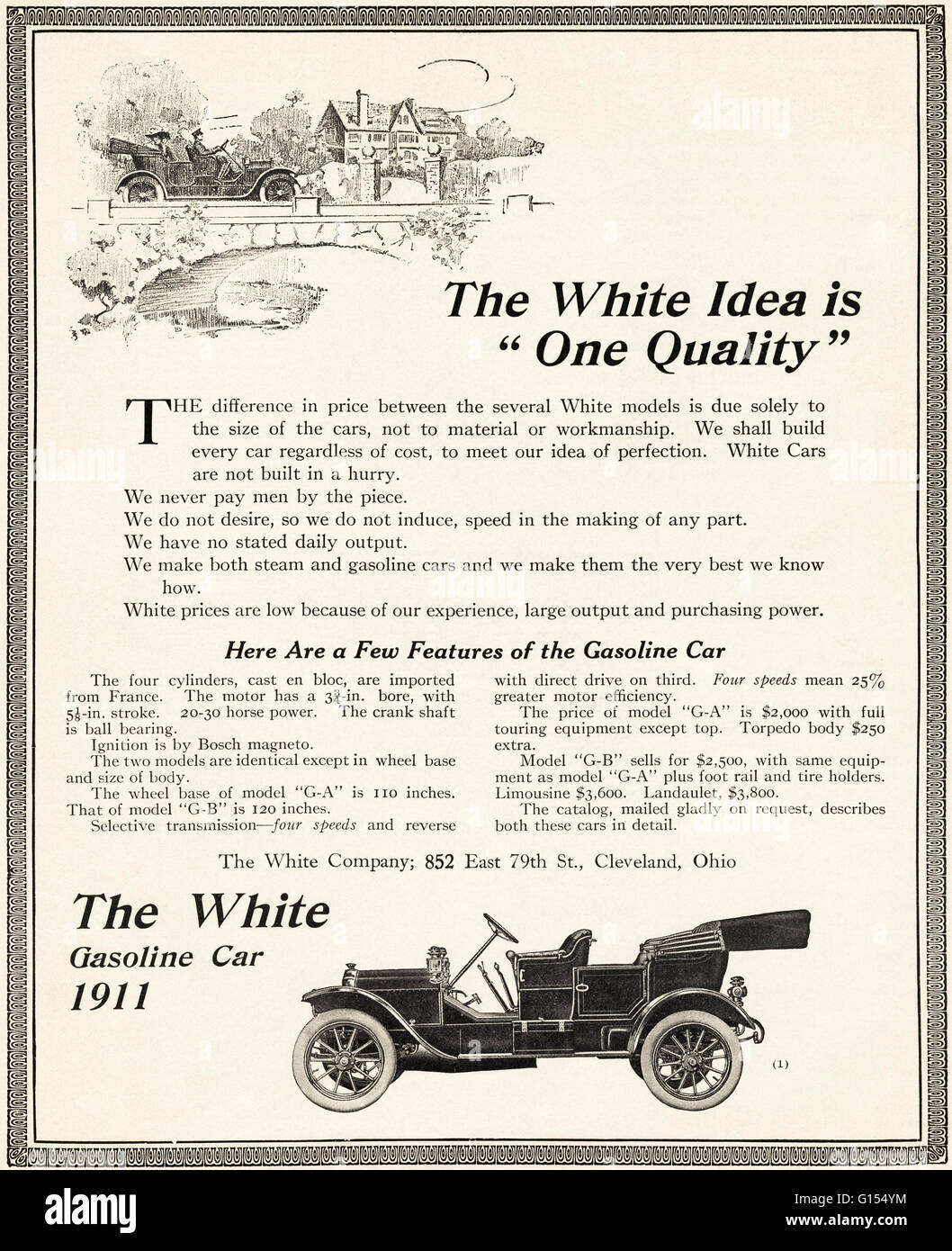 Original antiguo vintage revista americana anuncio desde la época eduardiana, data de 1910. Publicidad publicidad modelo 1911 nuevo coche de gasolina por la empresa blanco de Cleveland Ohio EE.UU Foto de stock